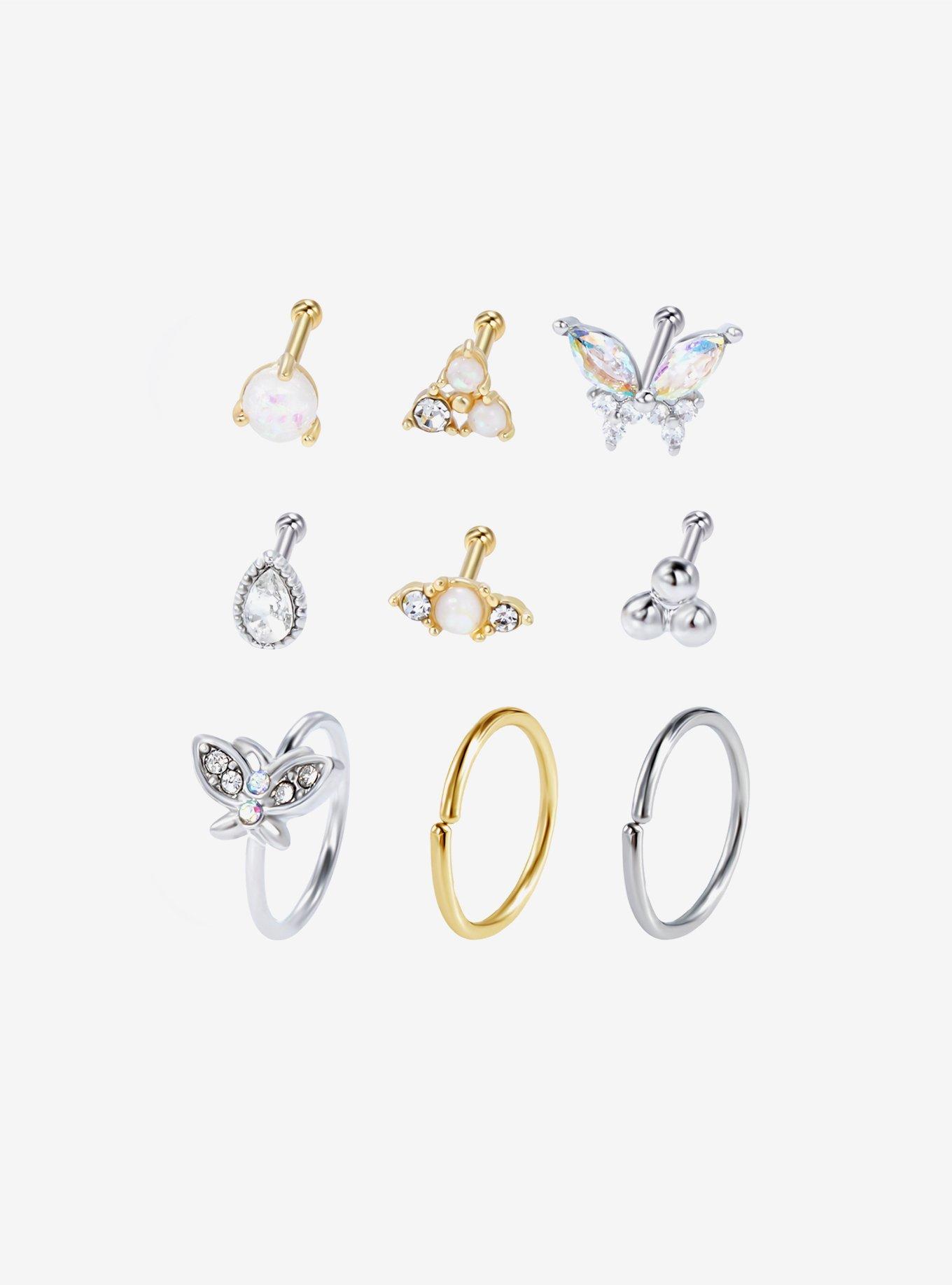 Steel Butterfly Opal Nose Stud & Hoop 9 Pack, , hi-res