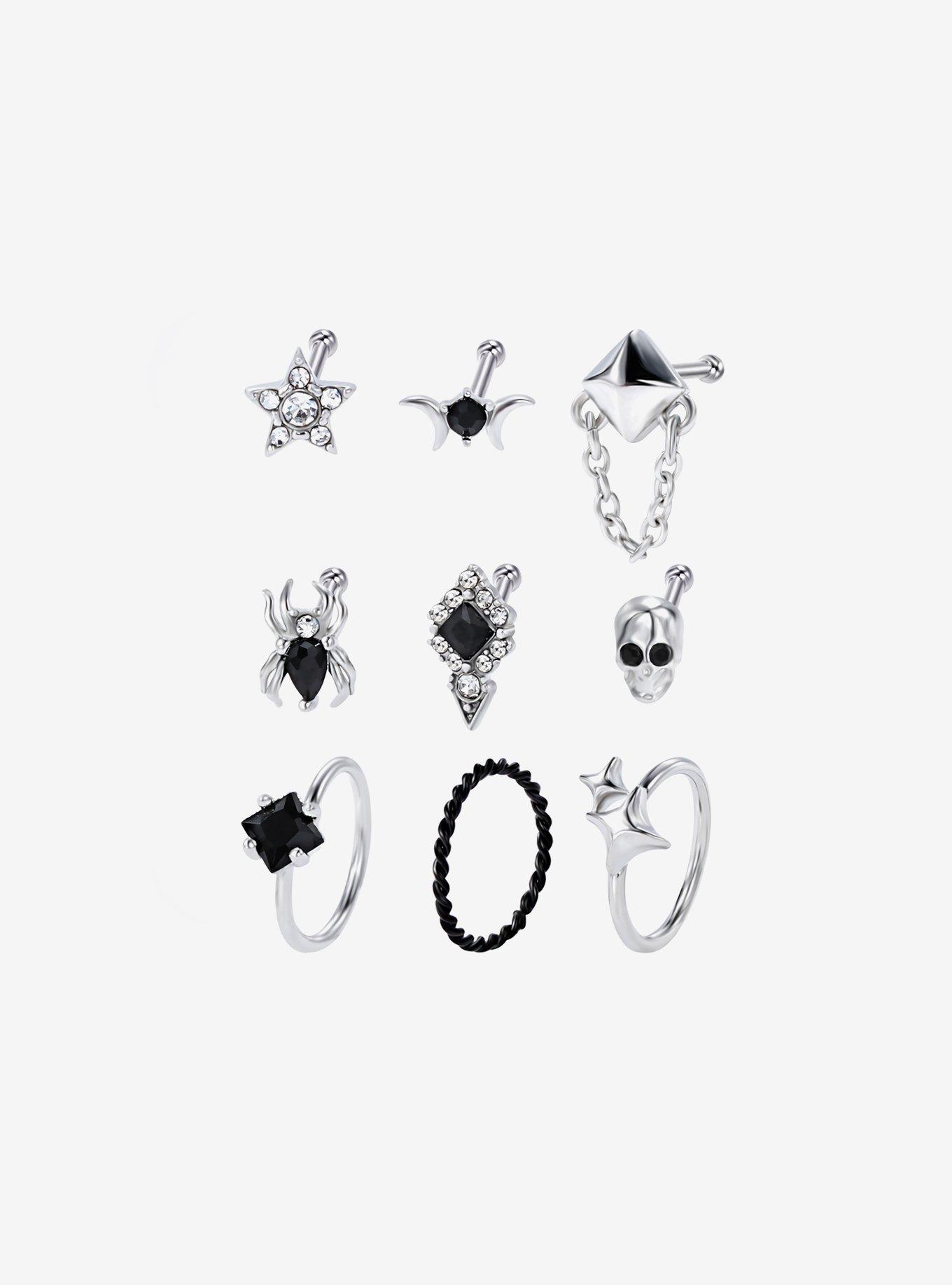 Steel Gothic Spider Spike Skull Nose Stud & Hoop 9 Pack, , hi-res