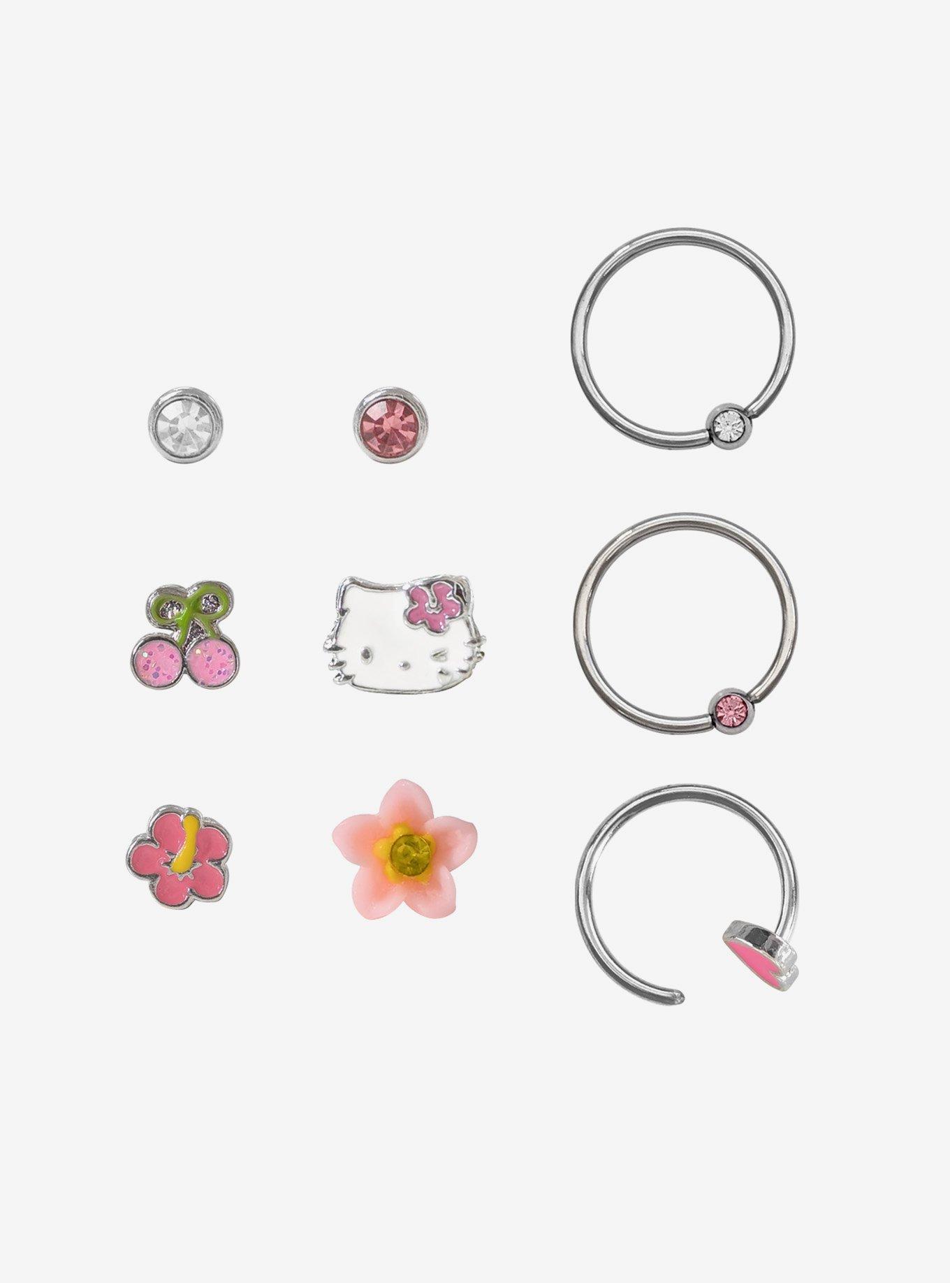 Steel Hello Kitty Nose Stud & Captive Hoop 9 Pack