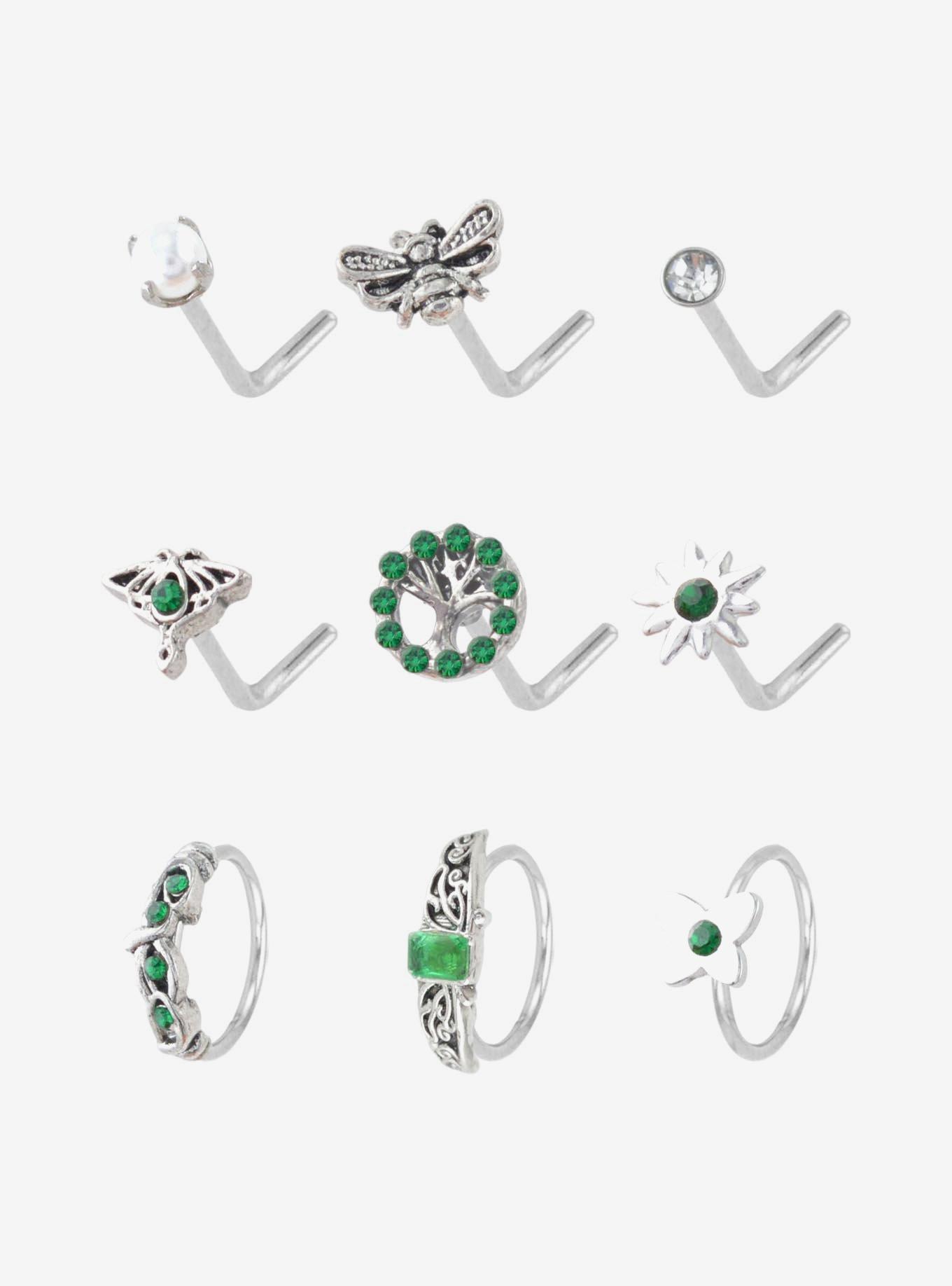 Steel Moth Emerald Nose Stud & Hoop 9 Pack, , hi-res