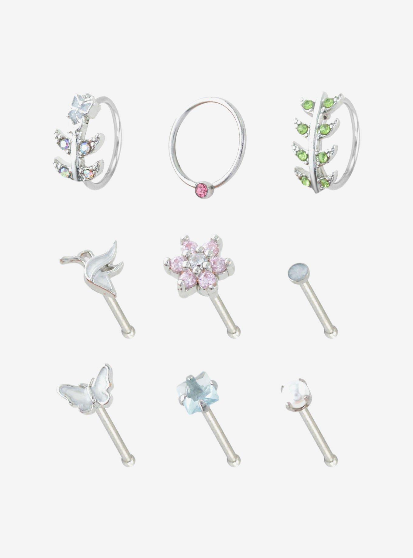 Steel Hummingbird Floral Nose Stud & Hoop 9 Pack, , hi-res