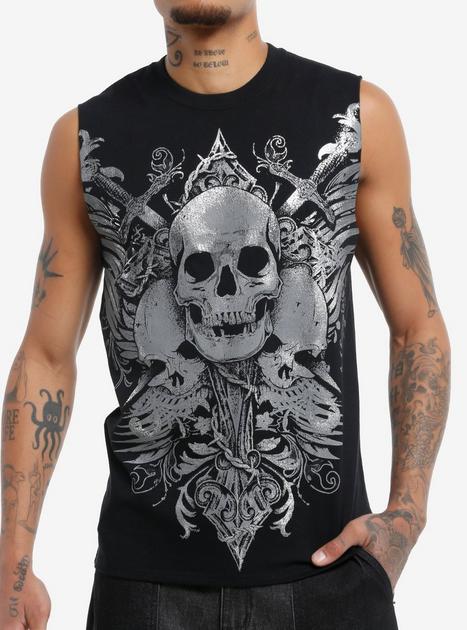 Triple Skull & Sword Foil Muscle Tank Top By Goodie Two Sleeves