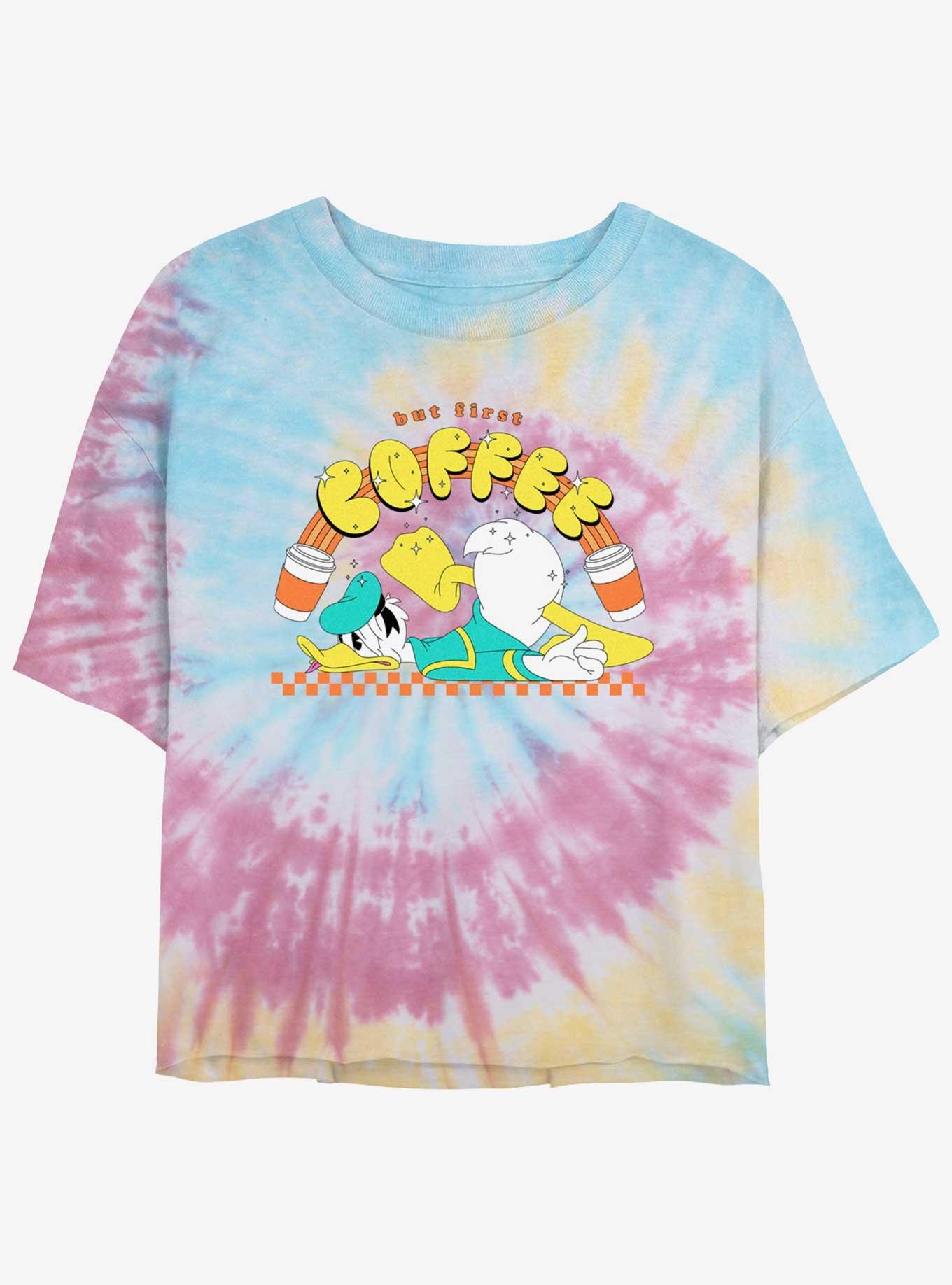 Disney Donald Duck But First Coffee Tie Dye Crop Womens  T-Shirt, , hi-res