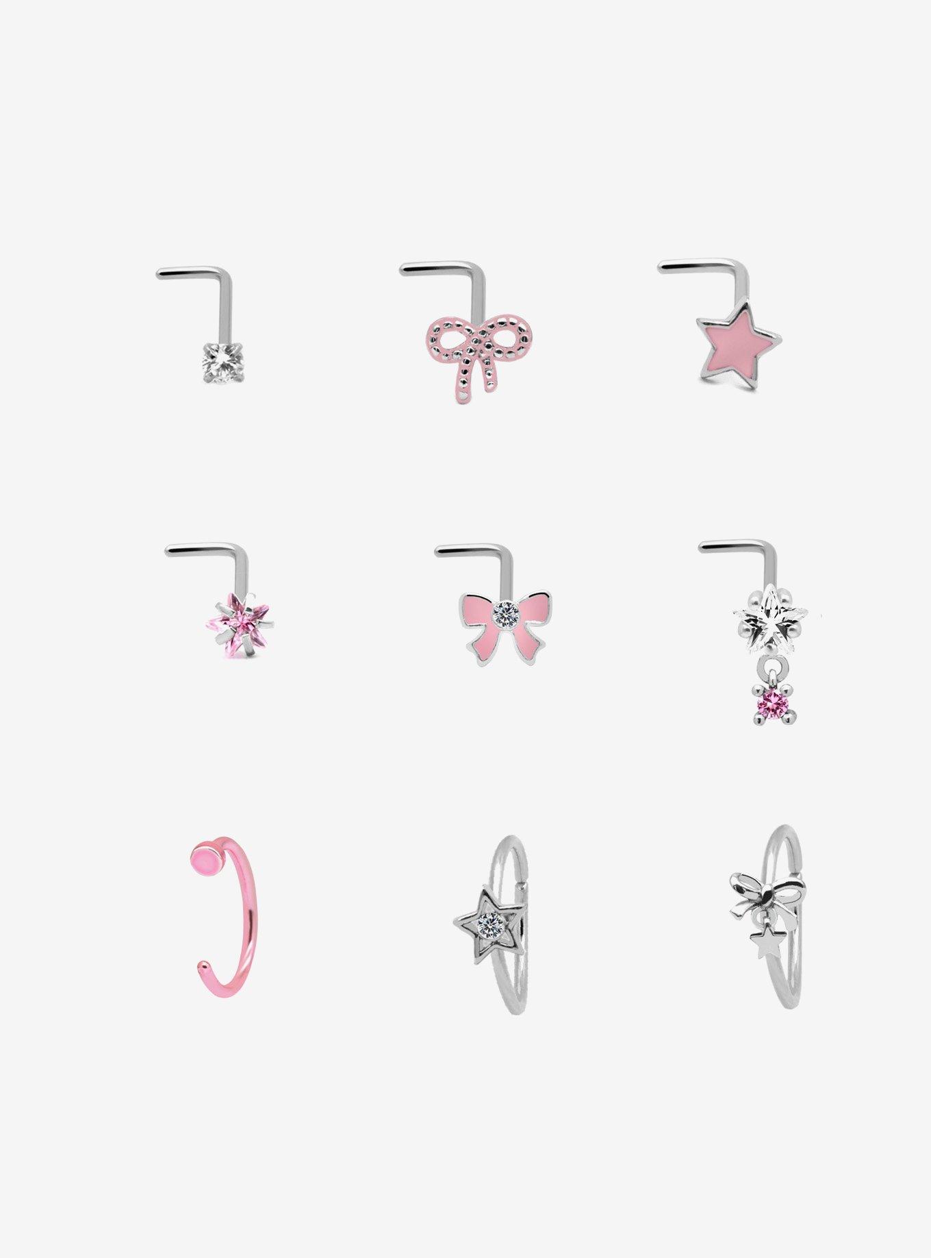 Steel Pink Bow Star Nose Stud & Hoop 9 Pack