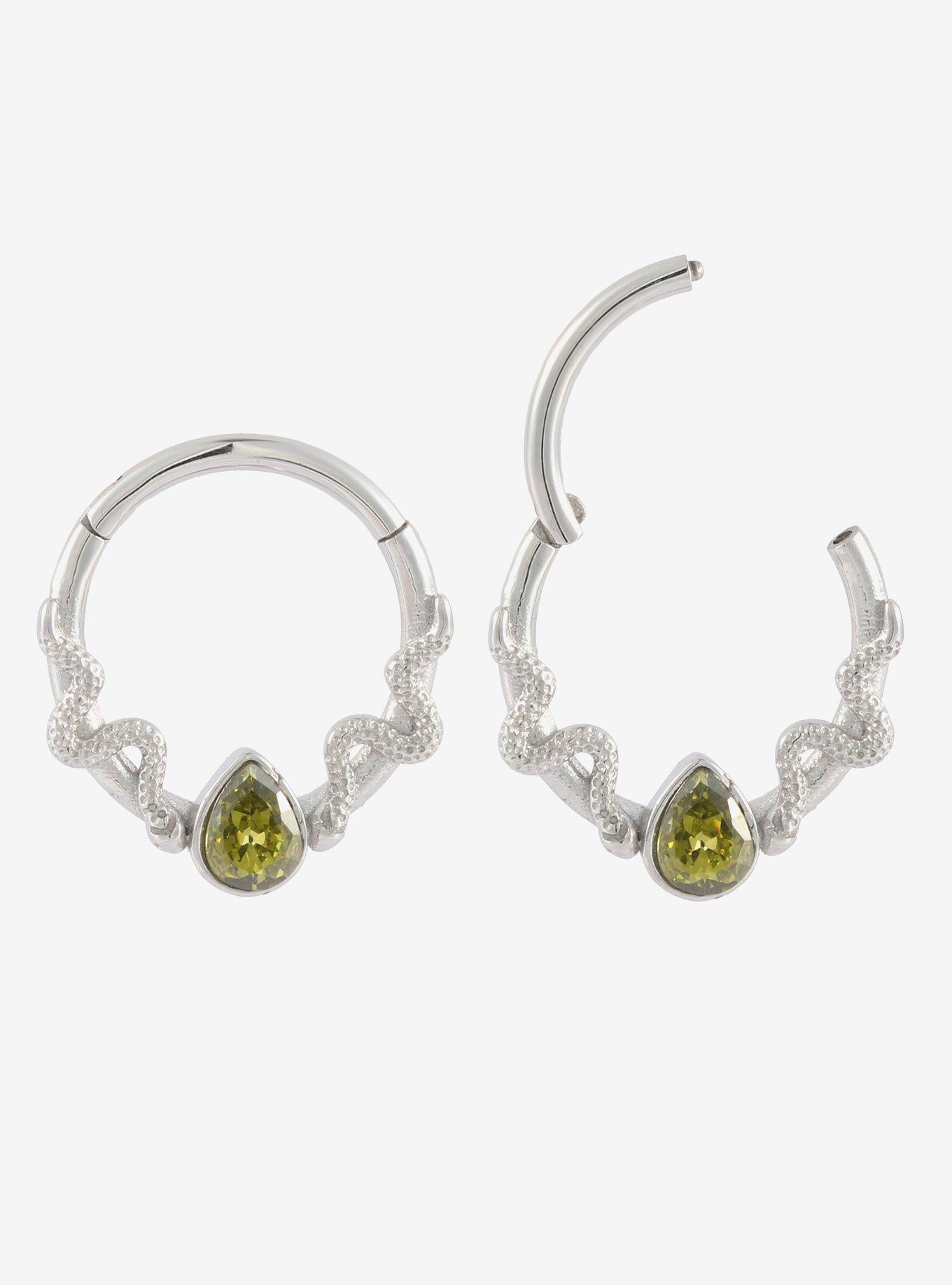 16G Steel Snake Green Gem Hinged Clicker, , hi-res