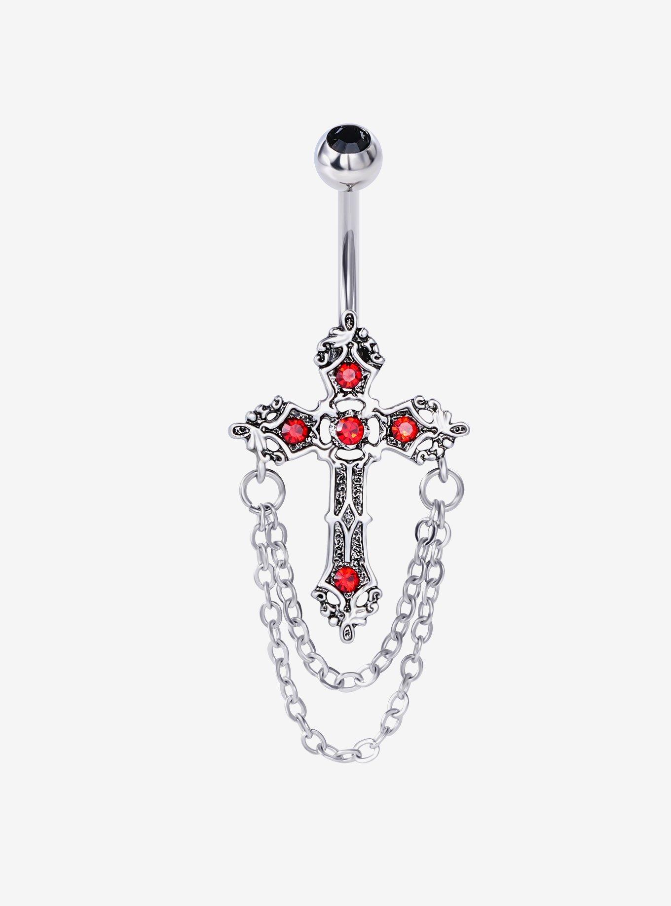14G Gothic Cross & Chain Navel Barbell, , hi-res