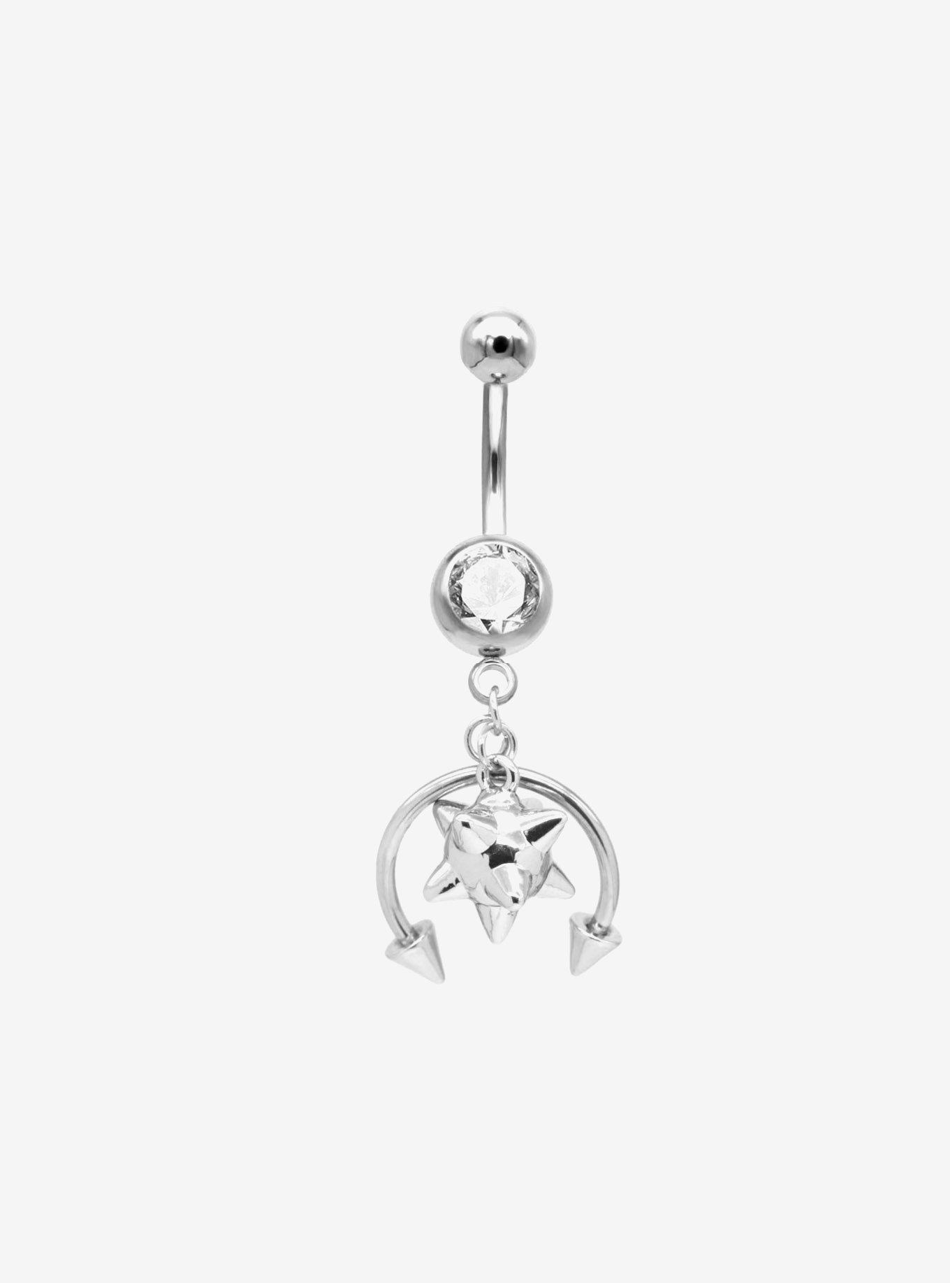 14G Steel Silver Spiked Ball Navel Barbell, , hi-res