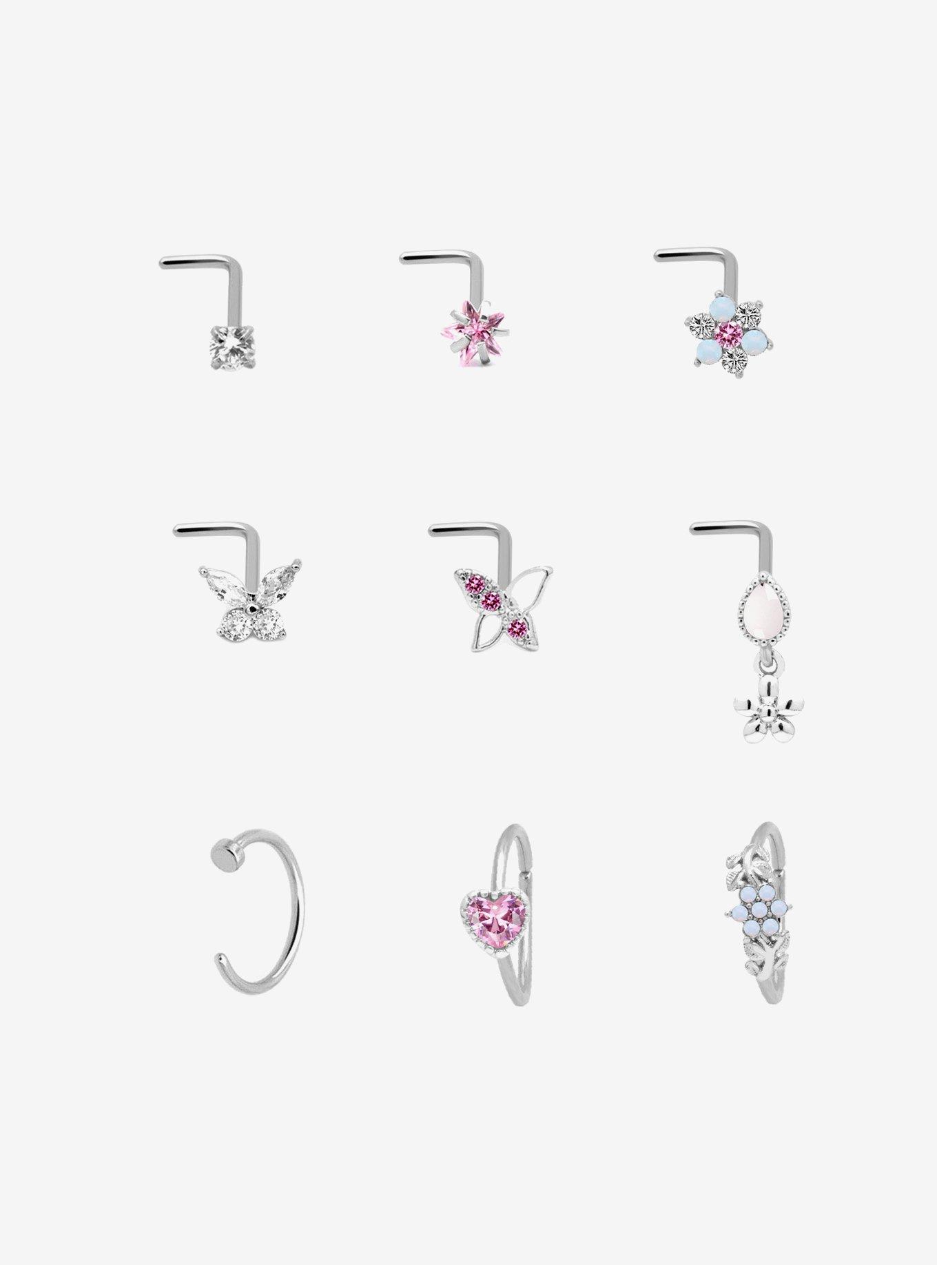 Steel Silver Butterfly & Flower Nose Stud & Hoop 9 Pack, , hi-res