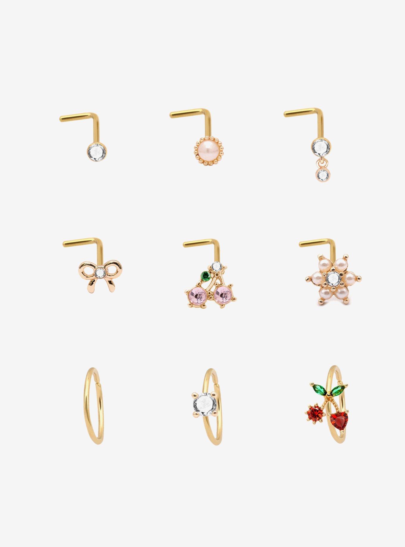Steel Gold Cherry & Bow Nose Stud & Hoop 9 Pack, , hi-res