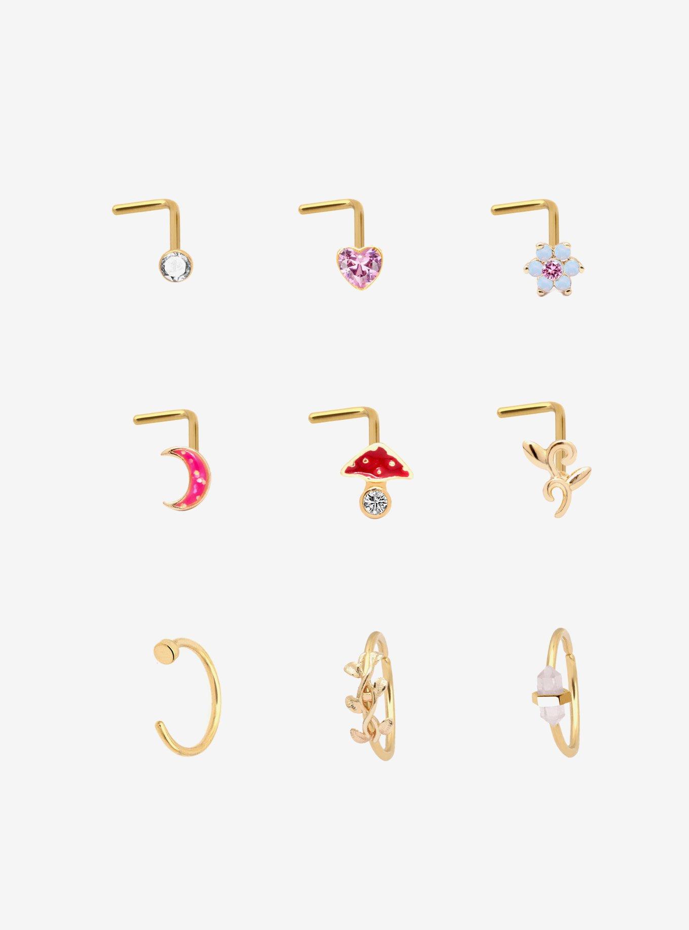 Steel Gold Mushroom & Flower Nose Stud & Hoop 9 Pack, , hi-res