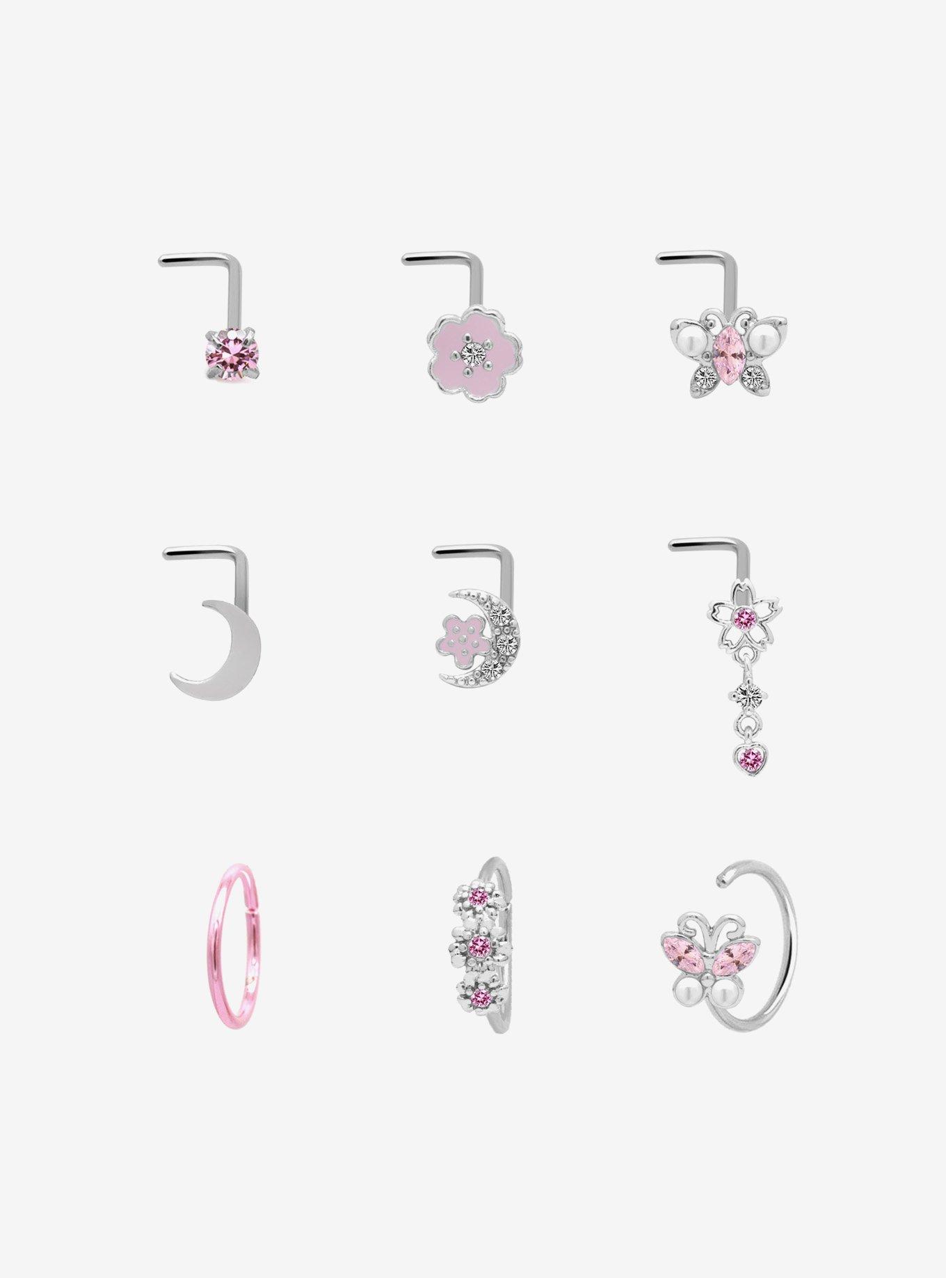 Steel Silver Flower & Butterfly Nose Stud & Hoop 9 Pack, , hi-res