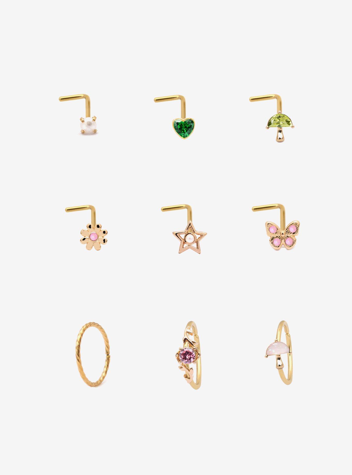 Steel Gold Mushroom & Star Nose Stud & Hoop 9 Pack, , hi-res