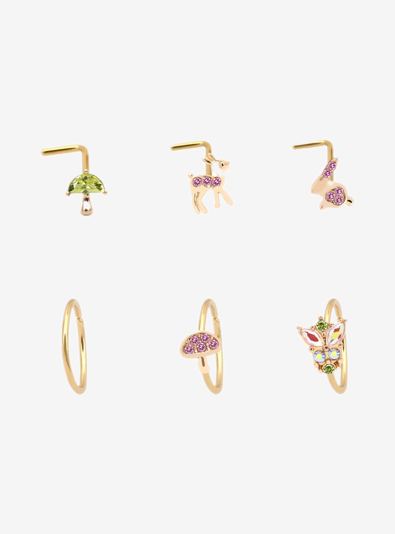 Steel Deer Butterfly Mushroom Nose Stud & Hoop 6 Pack, MULTI, hi-res