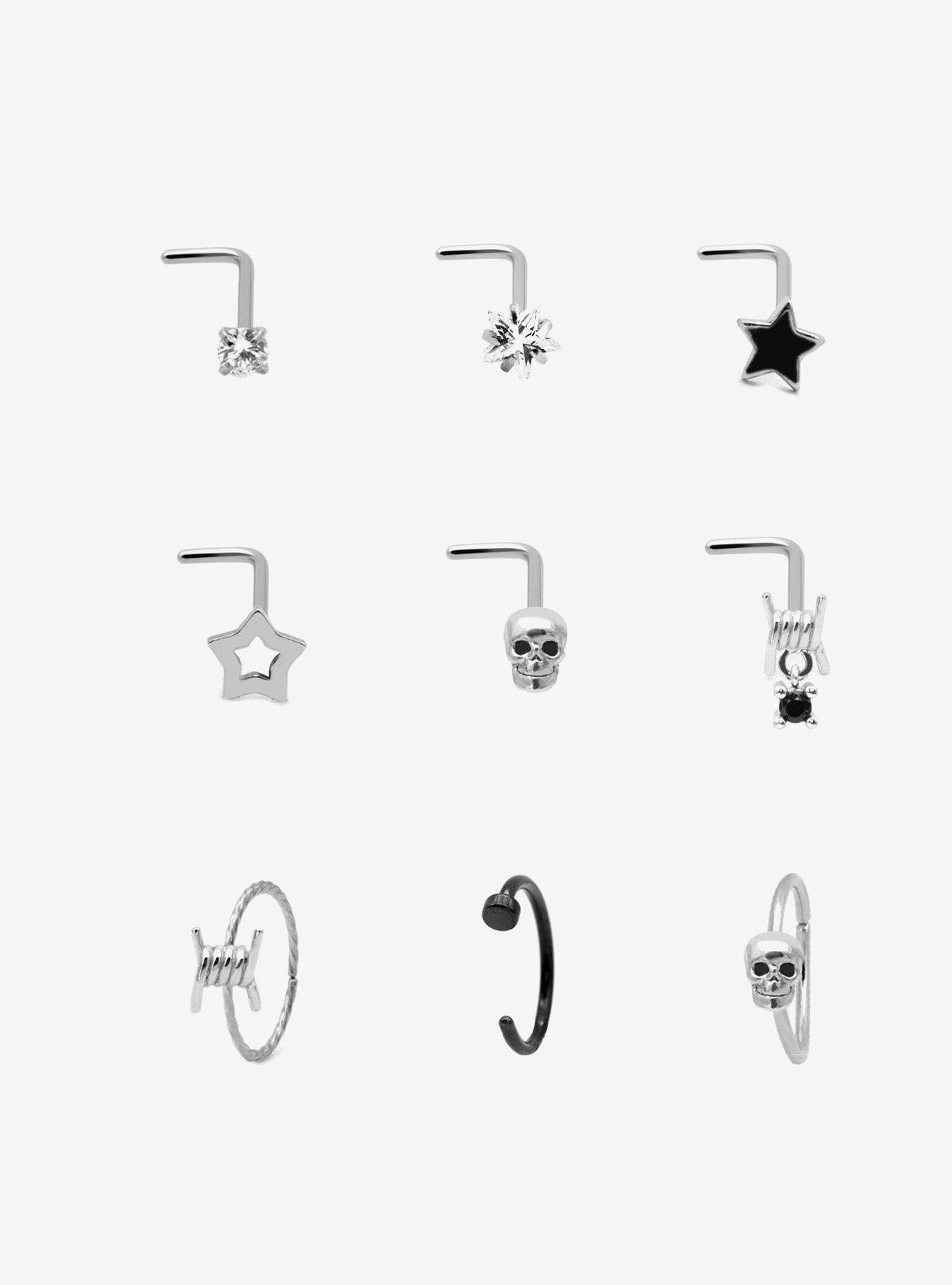 Steel Silver Skull & Barbed Wire Nose Stud & Hoop 9 Pack, , hi-res