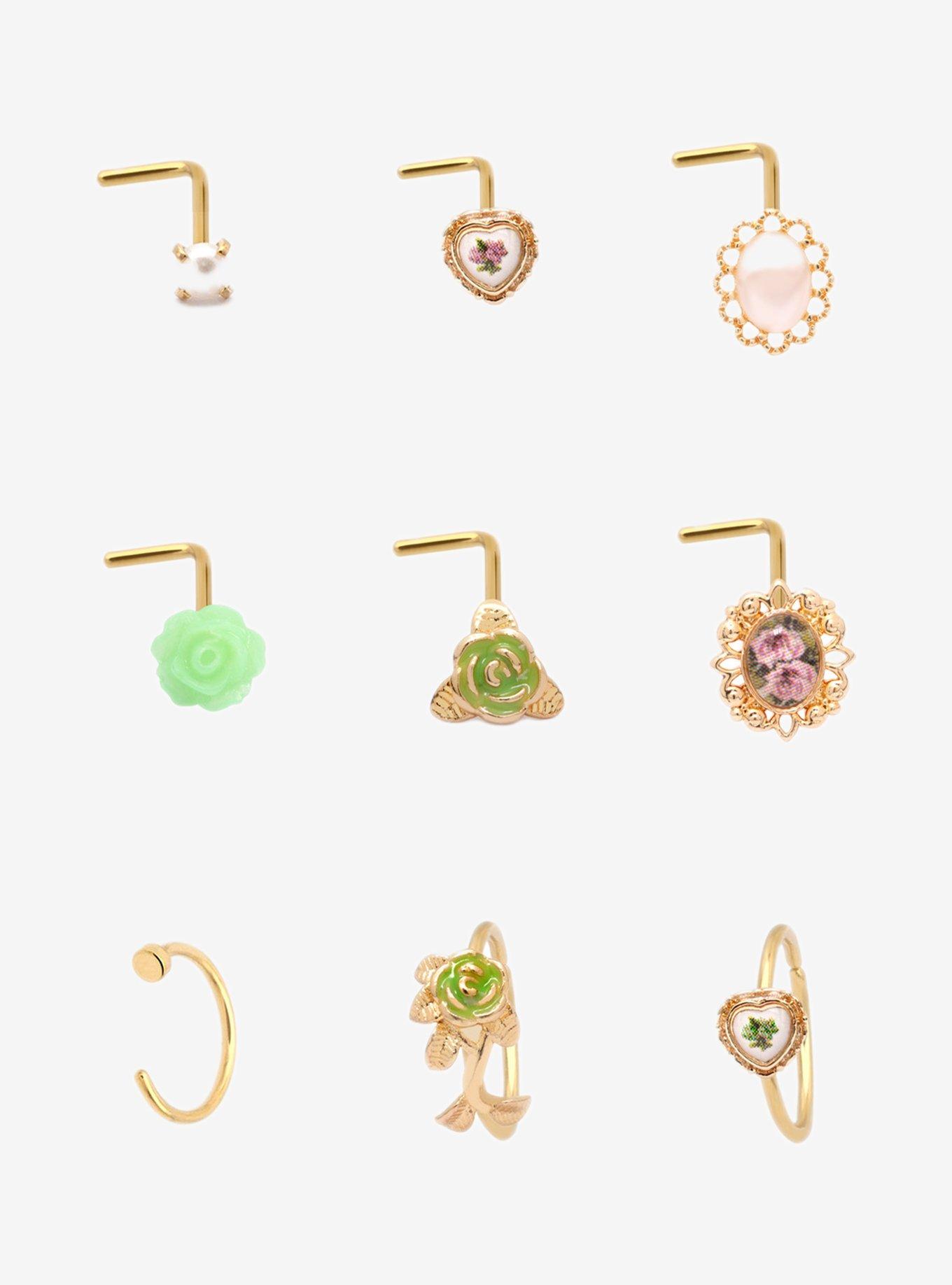 Steel Vintage Flower Cameo Nose Stud & Hoop 9 Pack, , hi-res