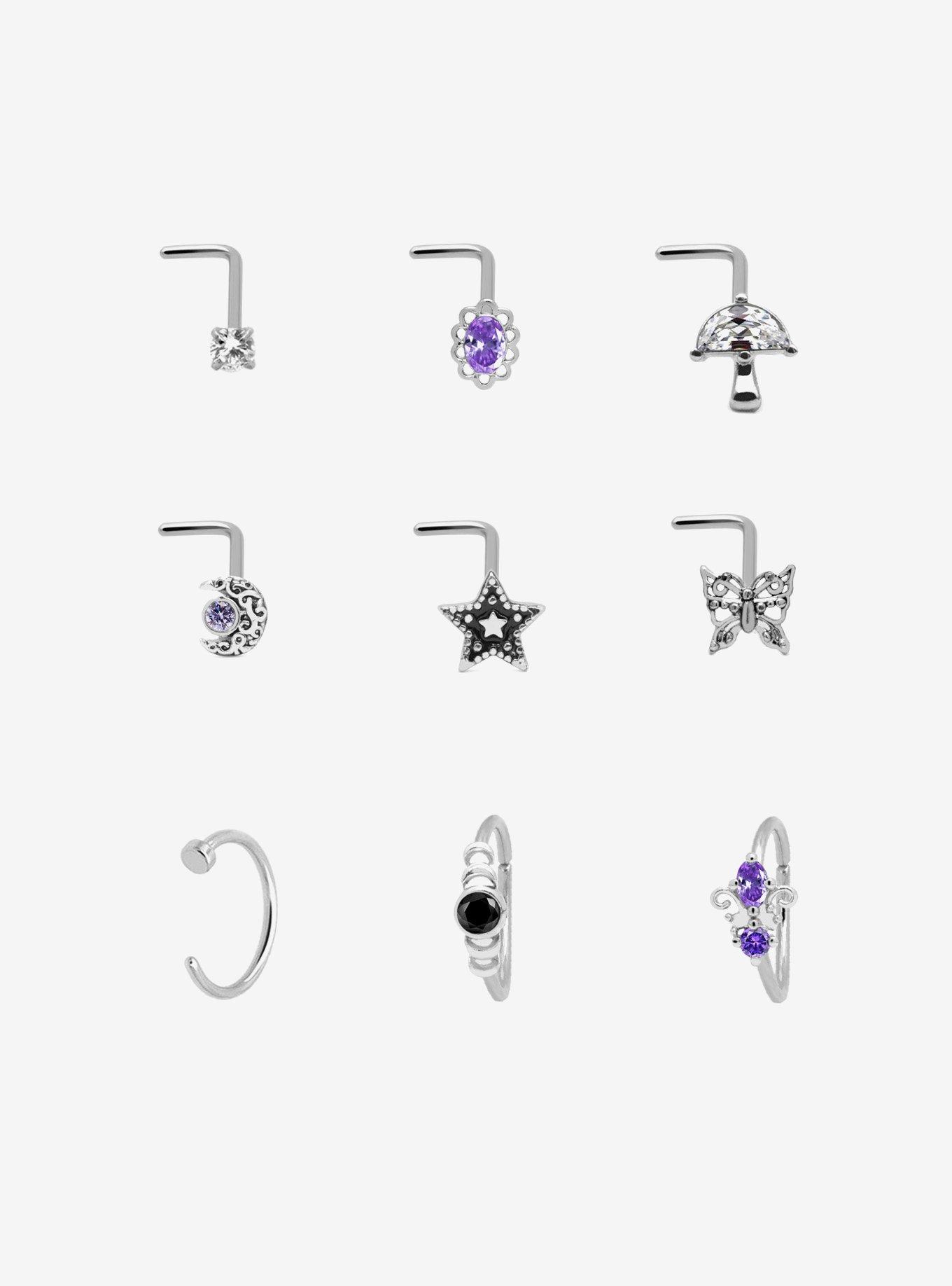 Steel Silver Mushroom & Moon Nose Stud & Hoop 9 Pack, , hi-res