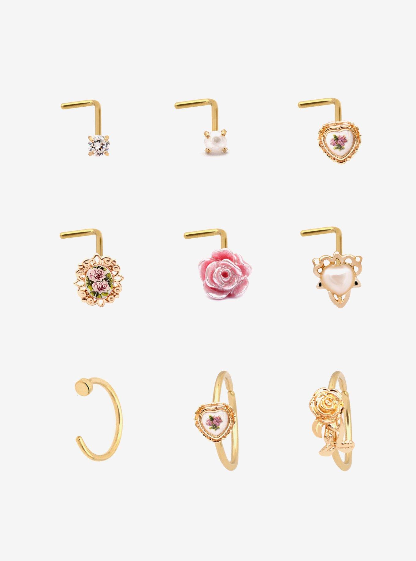 Steel Coquette Rose Heart Nose Stud & Hoop 9 Pack, , hi-res