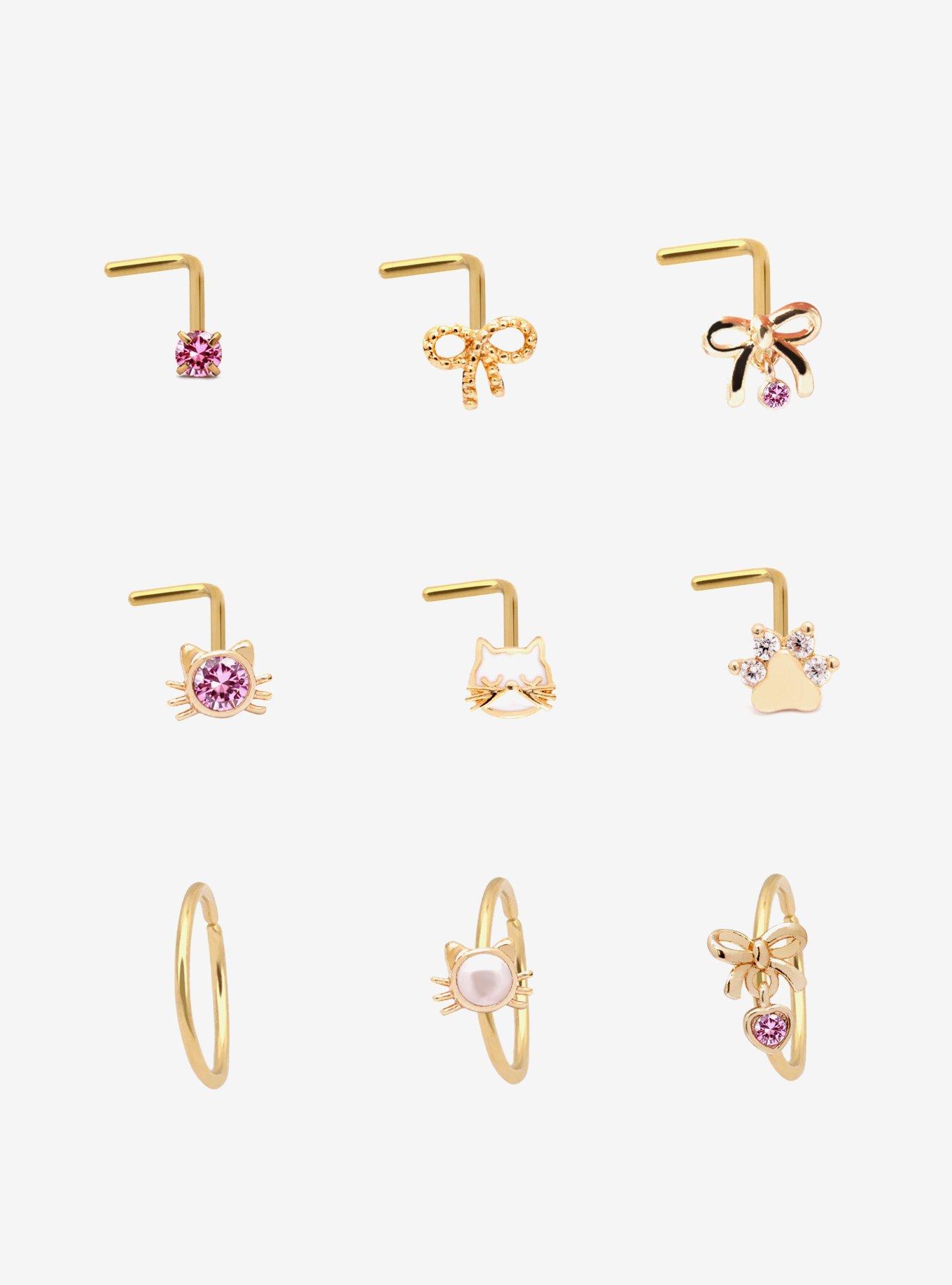 Steel Cat Bow Nose Stud & Hoop 9 Pack, , hi-res