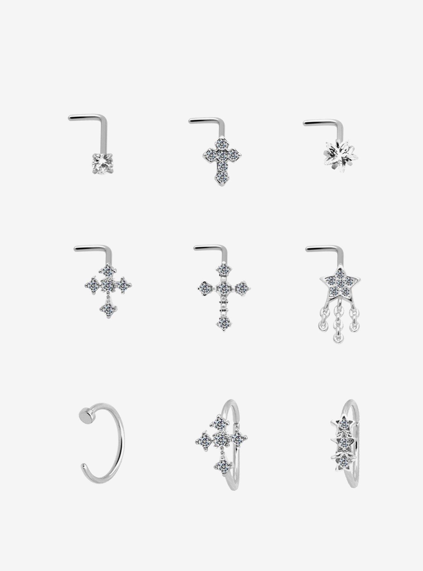 Steel Cross Star Bling Nose Stud & Hoop 9 Pack, , hi-res