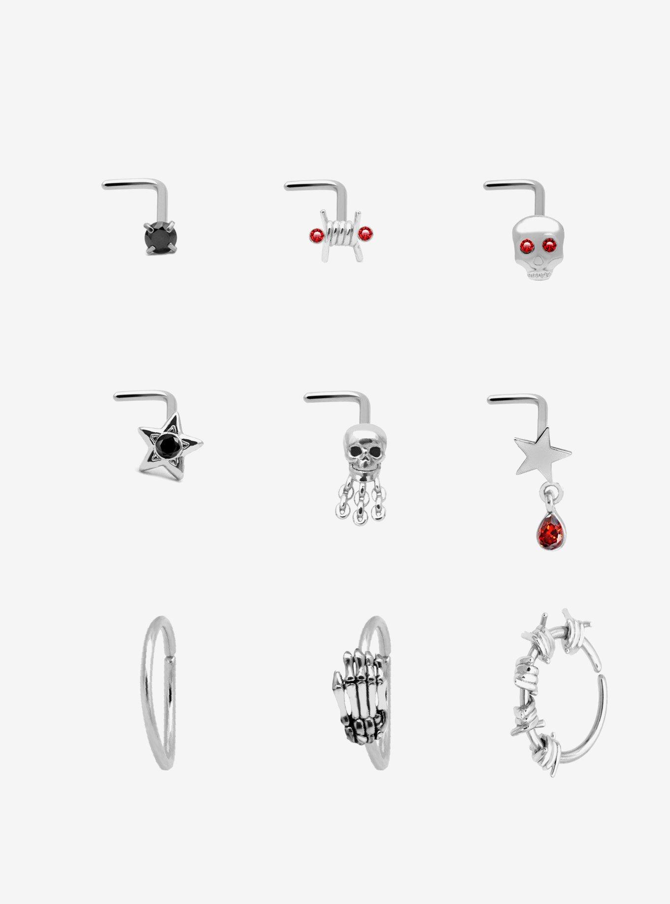 Steel Skull Barbed Wire Nose Stud & Hoop 9 Pack, , hi-res