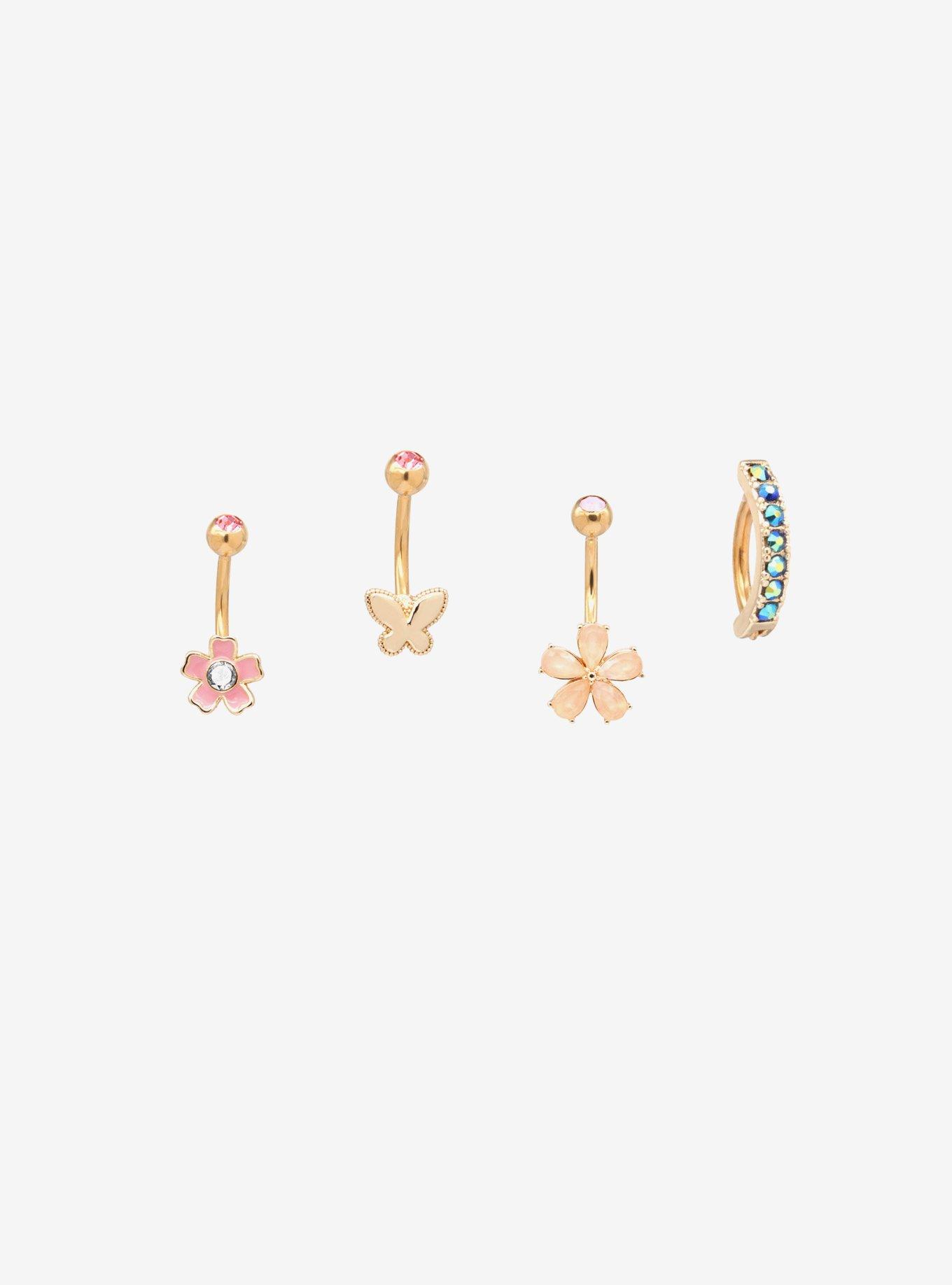 14G Steel Butterfly Flower Navel Barbell & Hinged Clicker 4 Pack, , hi-res