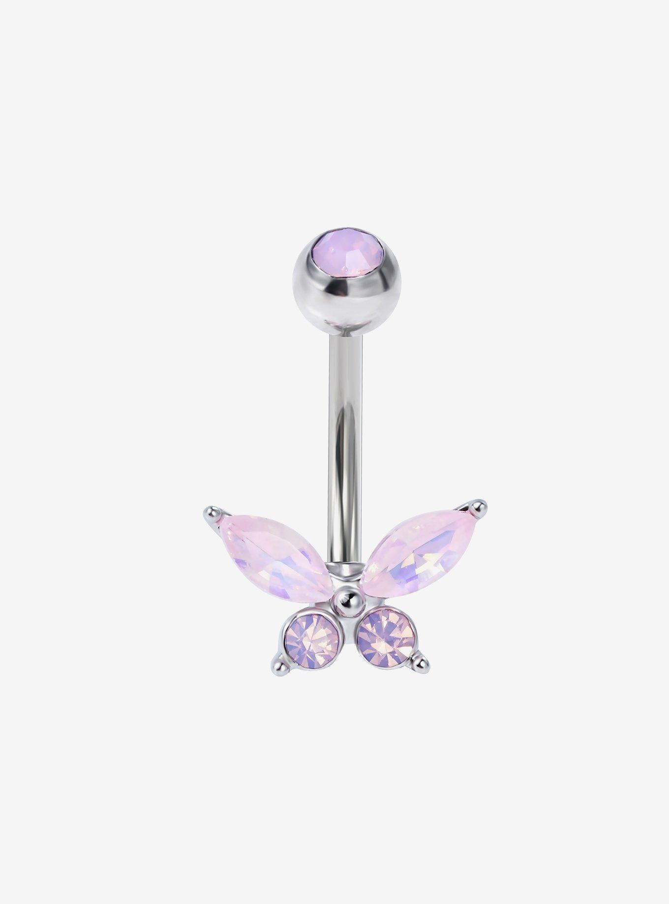 14G Steel Pink Butterfly Navel Barbell, , hi-res