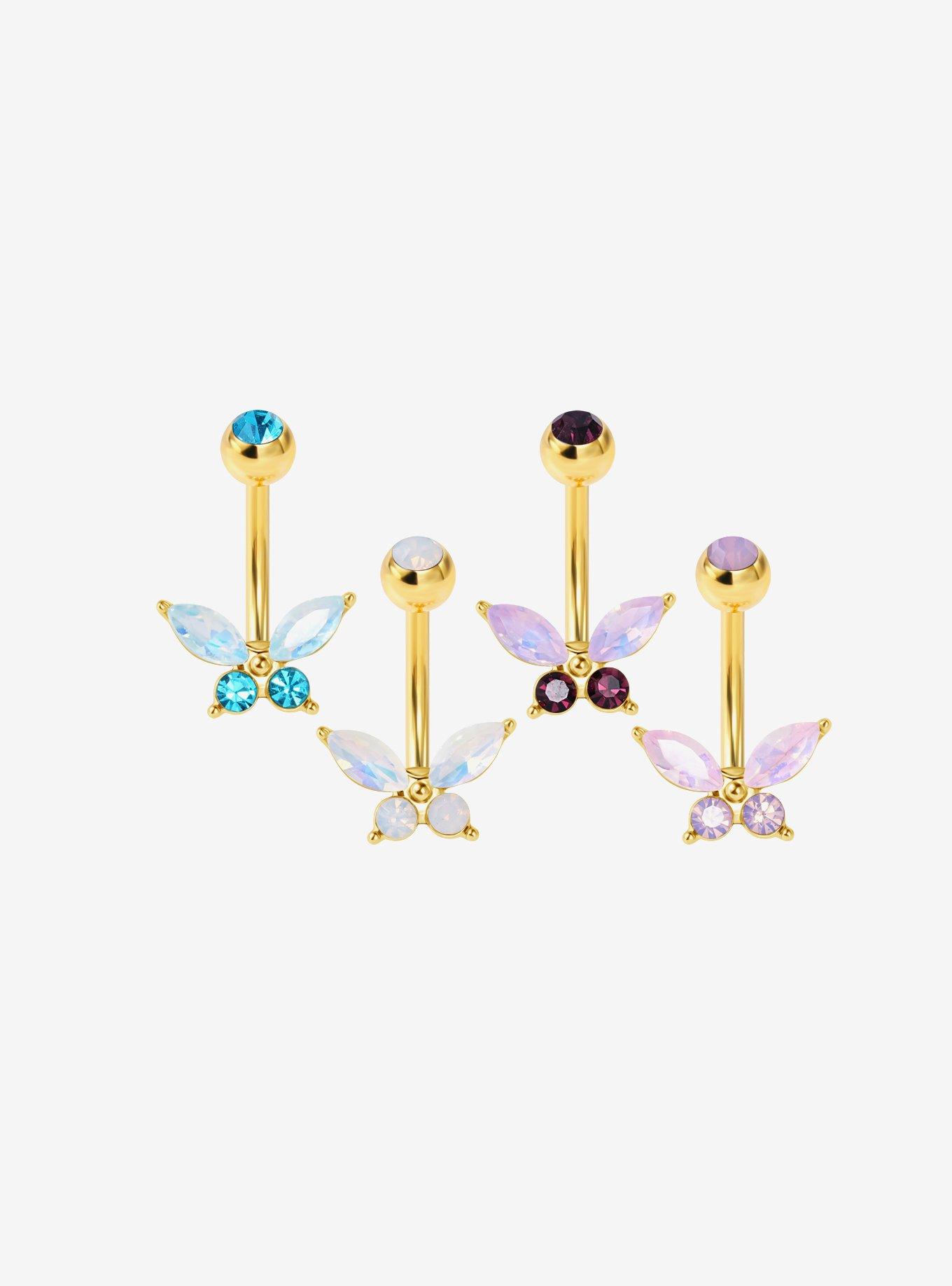 14G Steel Gold Butterfly & Gem Eyebrow Barbell 4 Pack, , hi-res
