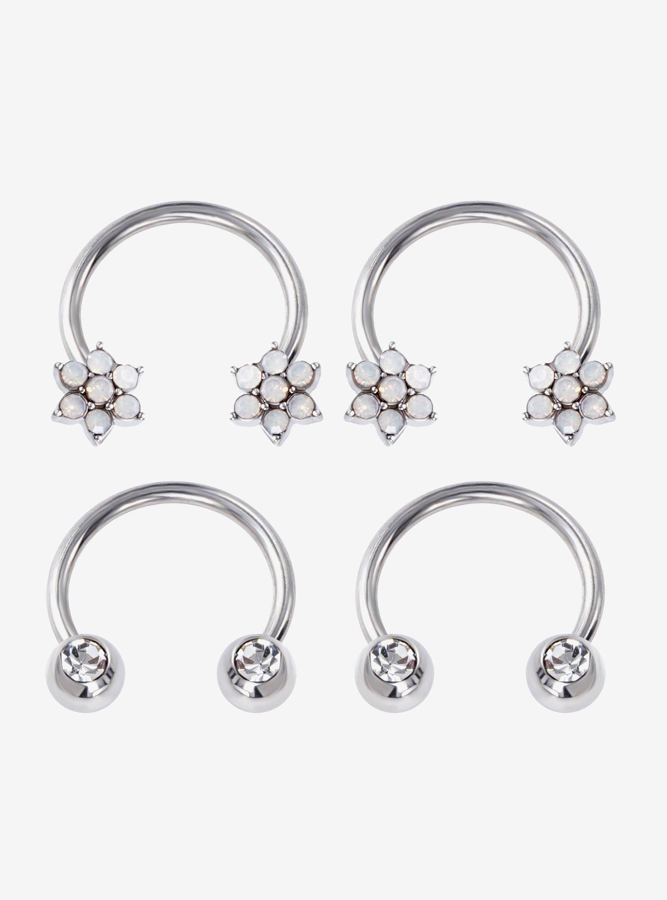 Steel Silver Flower & Gem Circular Barbell 4 Pack, , hi-res