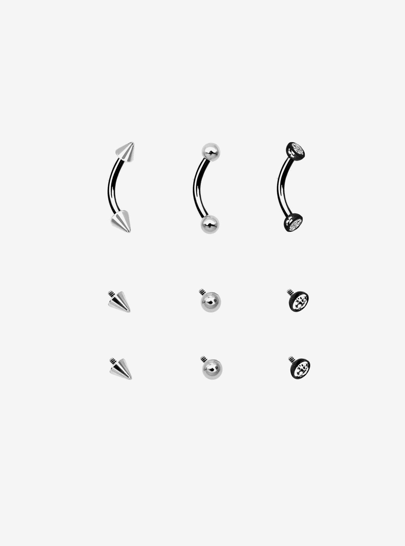 16G Steel Silver & Black Spike & Ball Eyebrow Barbell 3 Pack, , hi-res