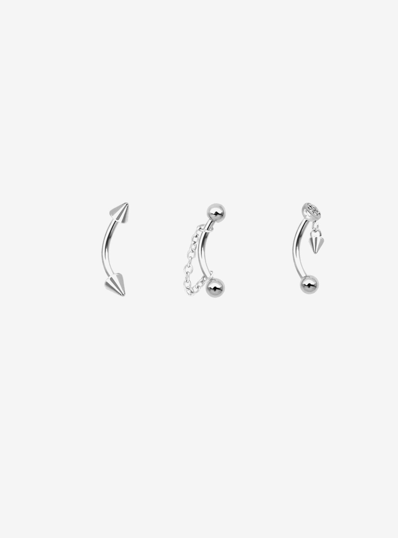 16G Steel Silver Chain & Spike Drop Eyebrow Barbell 3 Pack, , hi-res