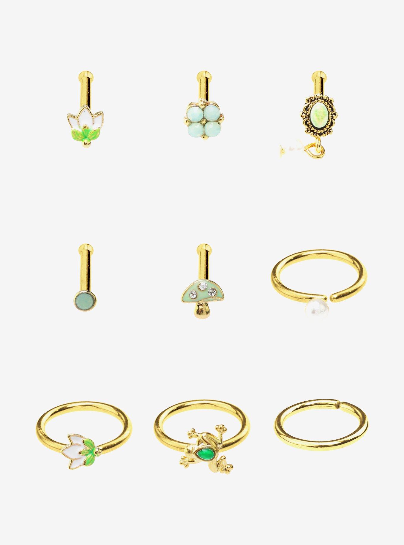 Steel Gold & Green Vintage Nose Stud & Captive Hoop 9 Pack, , hi-res