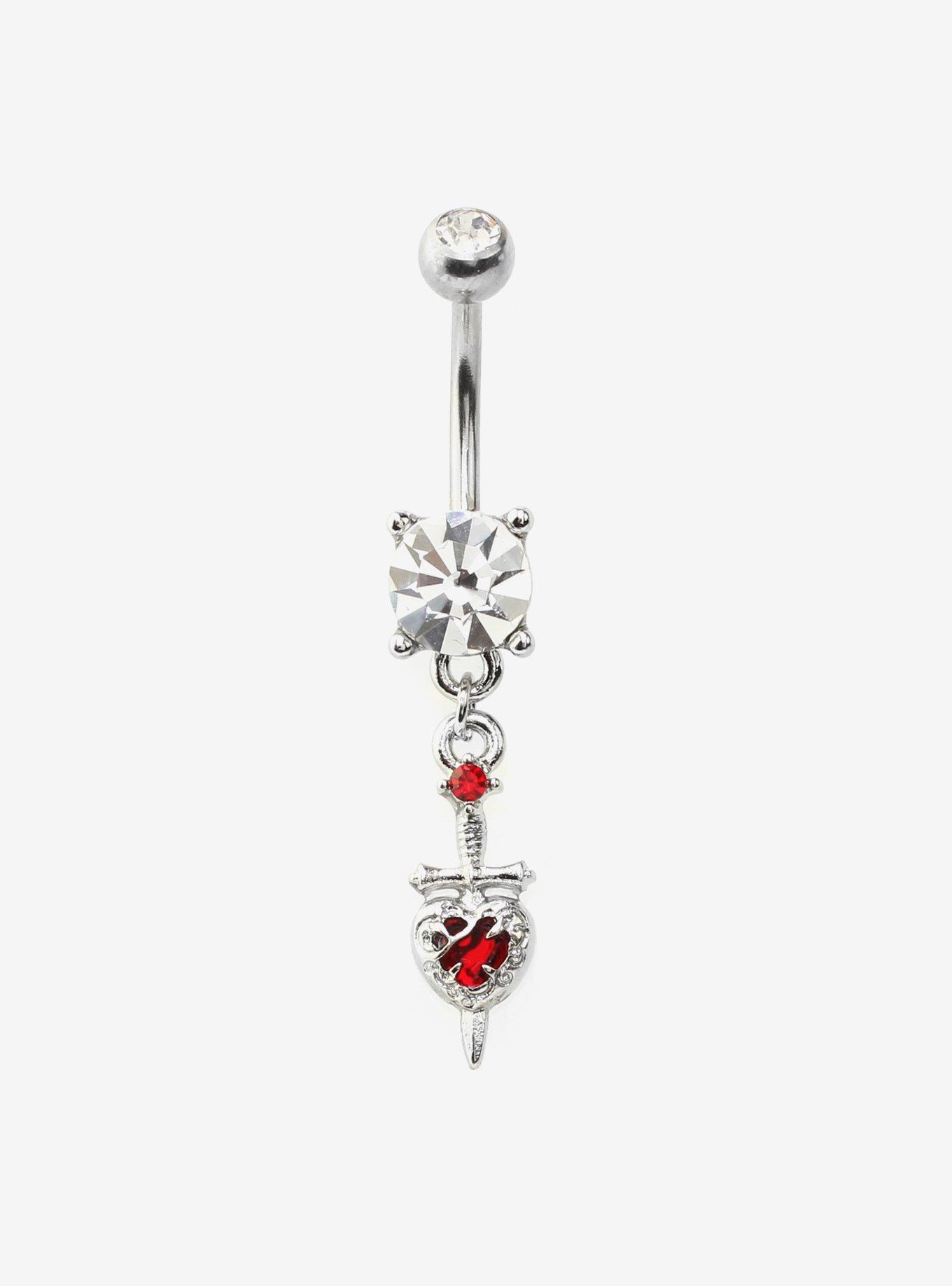 14G Steel Red Heart Dagger Navel Barbell, , hi-res