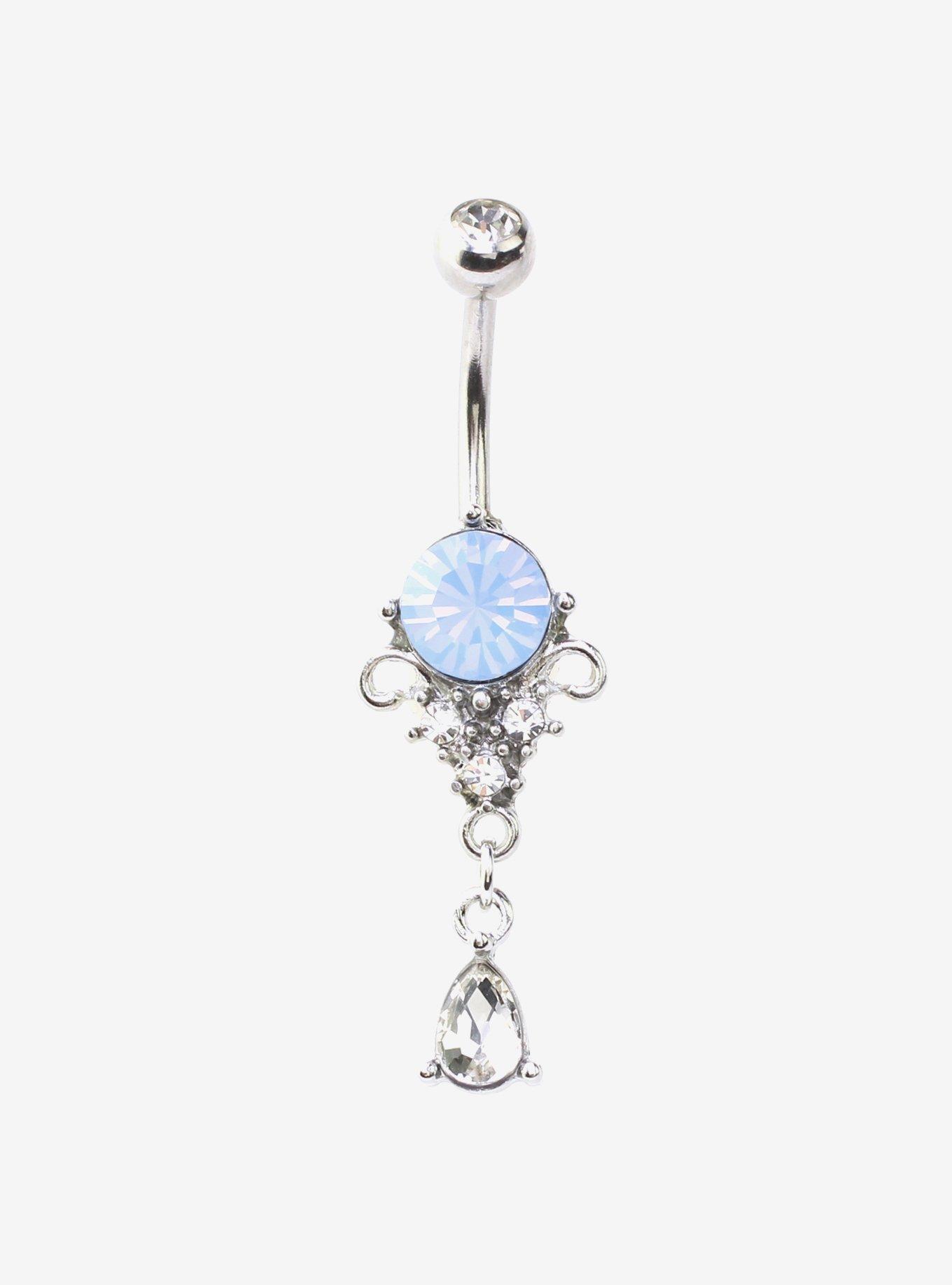 14G Steel Blue Opalite Filigree Navel Barbell, , hi-res