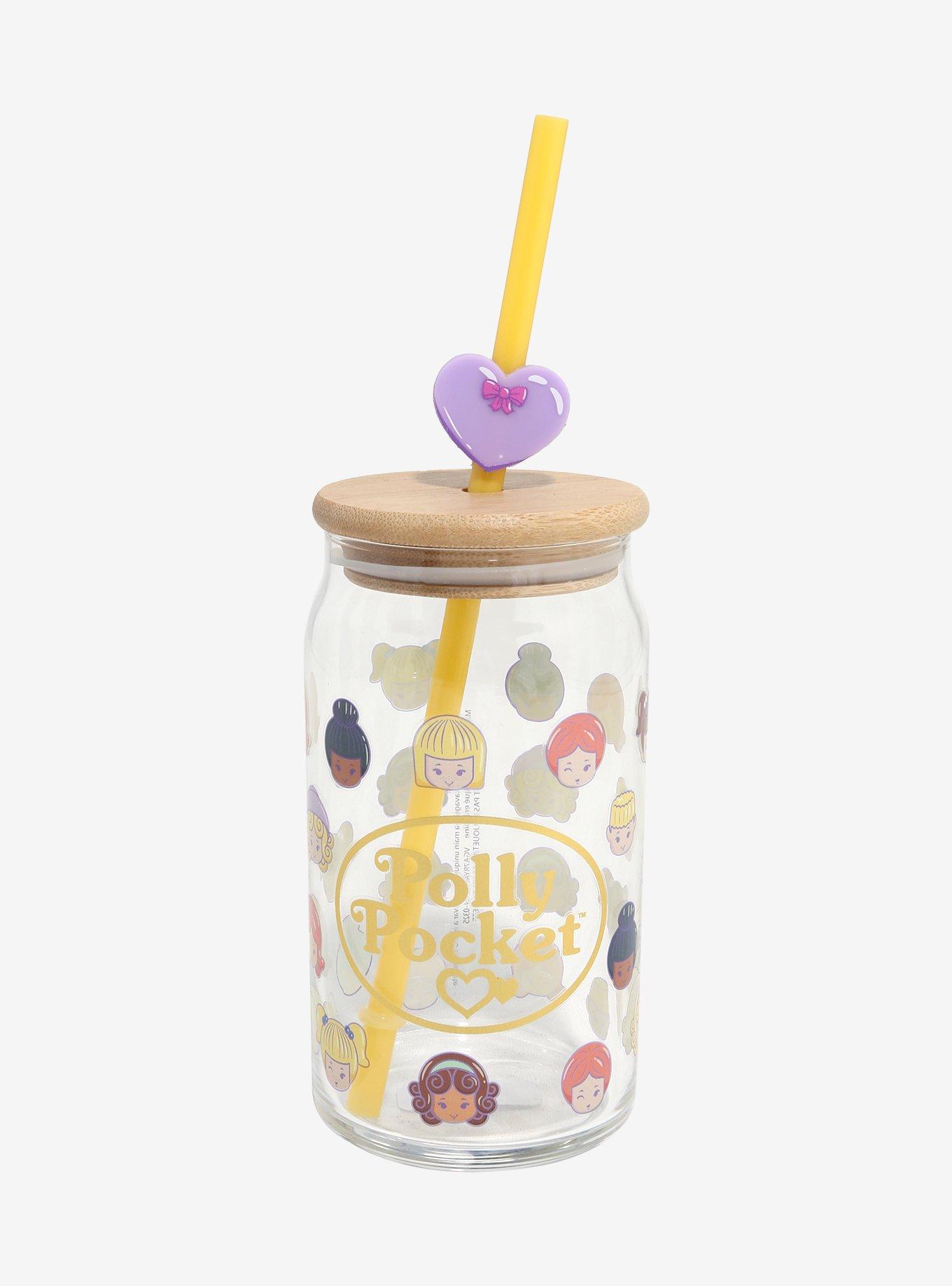 Polly Pocket Allover Print Glass Cup with Straw Charm — BoxLunch Exclusive, , hi-res