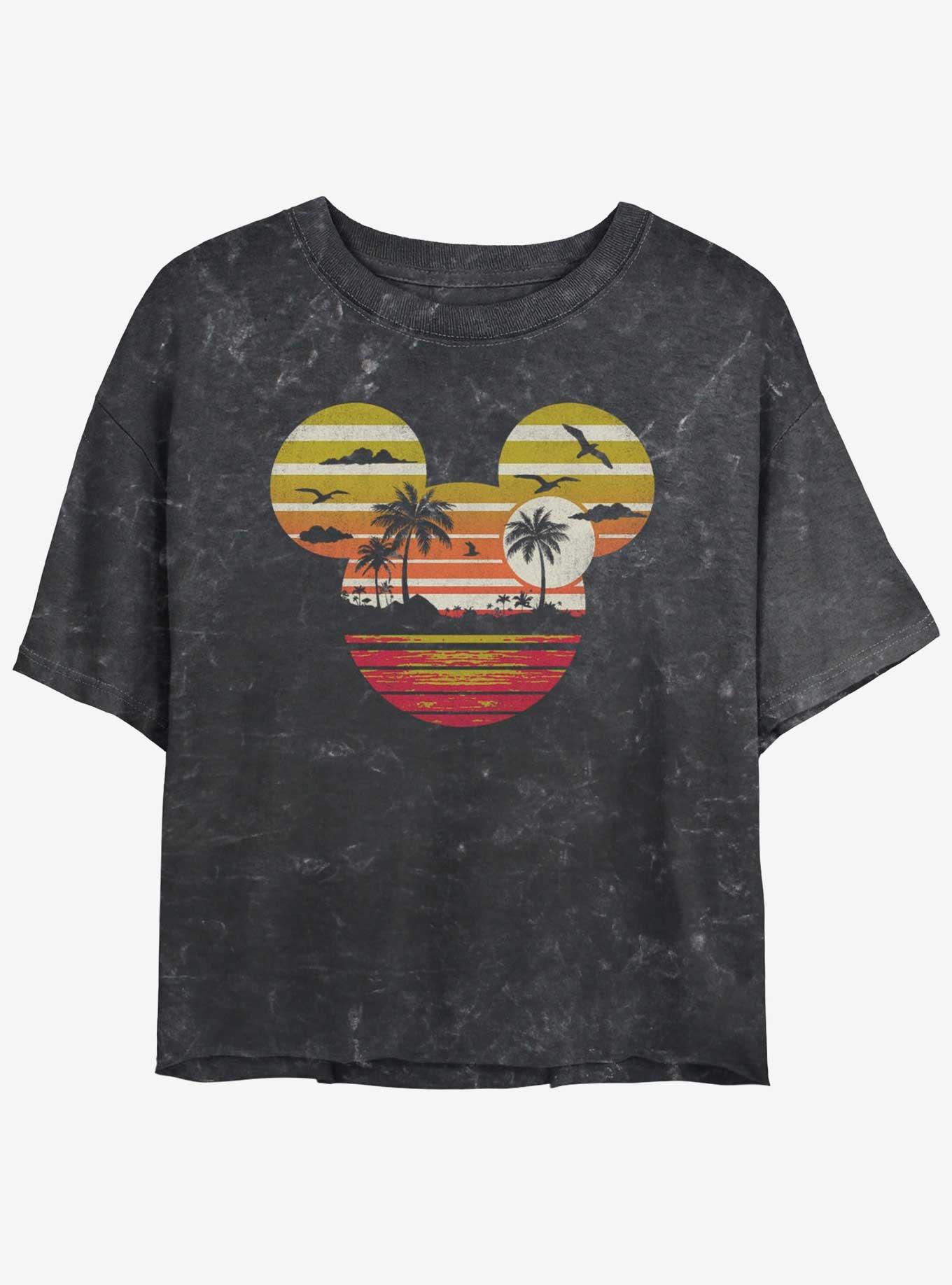 Disney Mickey Mouse Sunset Mouse Head Mineral Wash Womens Crop T-Shirt, BLACK, hi-res