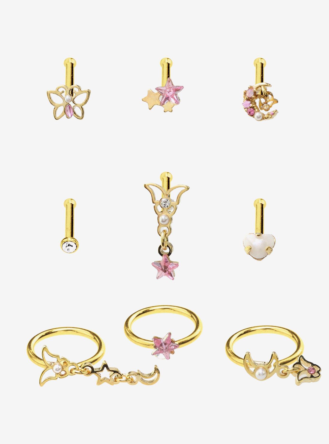 Steel Pink Butterfly Celestial Nose Stud & Hoop 9 Pack