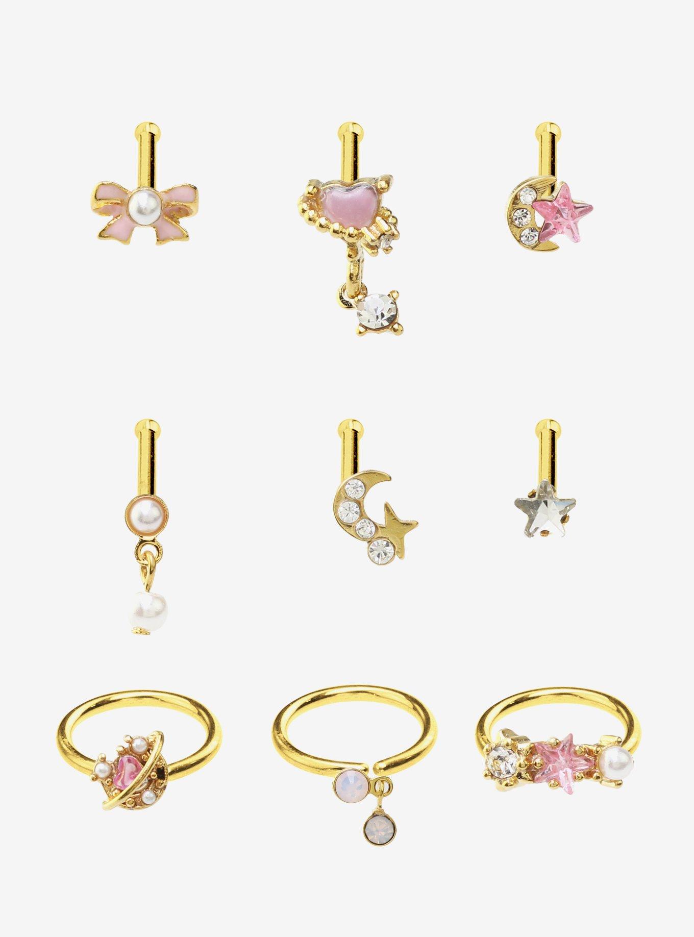 Steel Pink Bow Celestial Nose Stud & Hoop 9 Pack, , hi-res