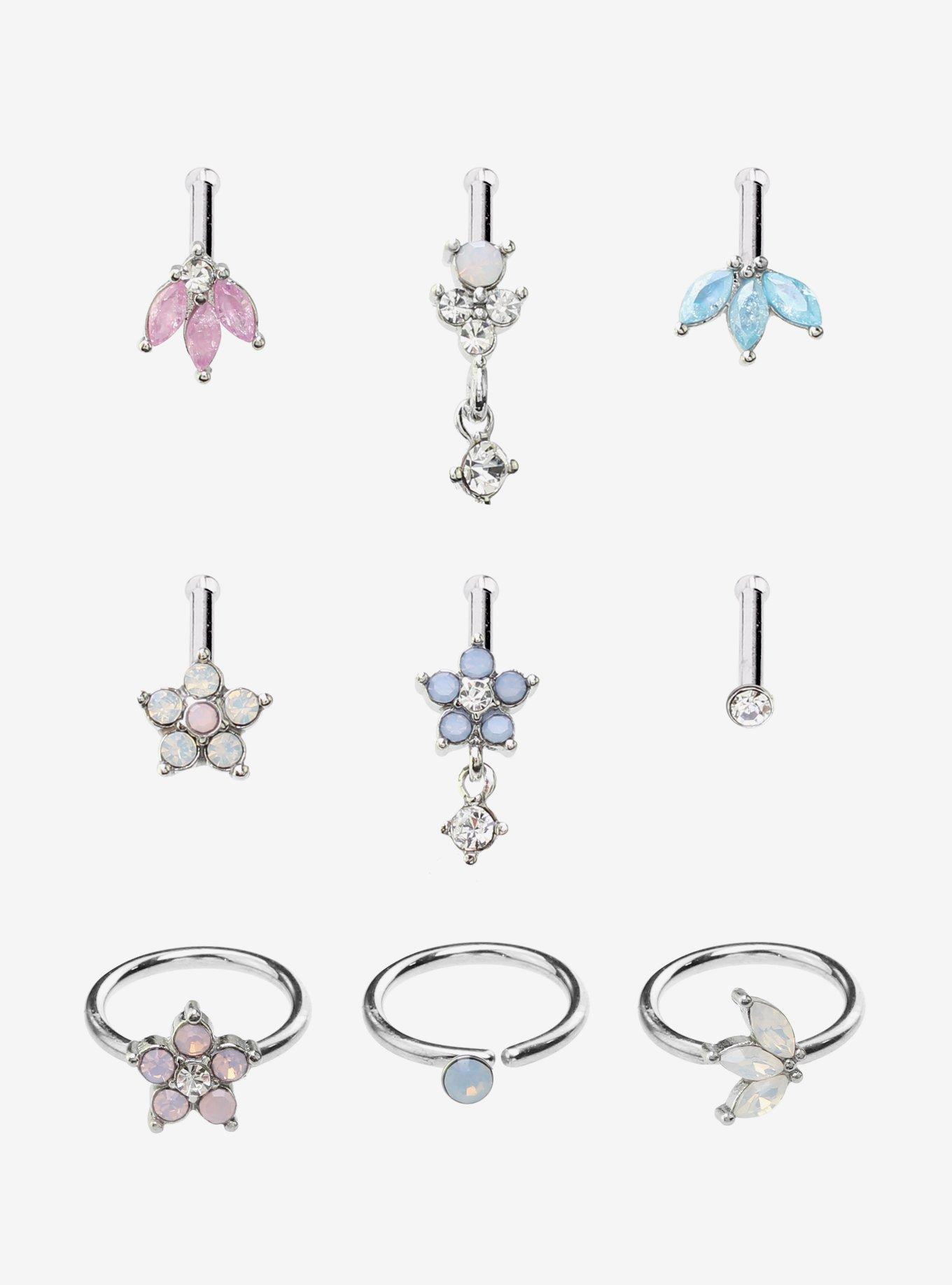 Steel Floral Opalite Nose Stud & Hoop 9 Pack, , hi-res
