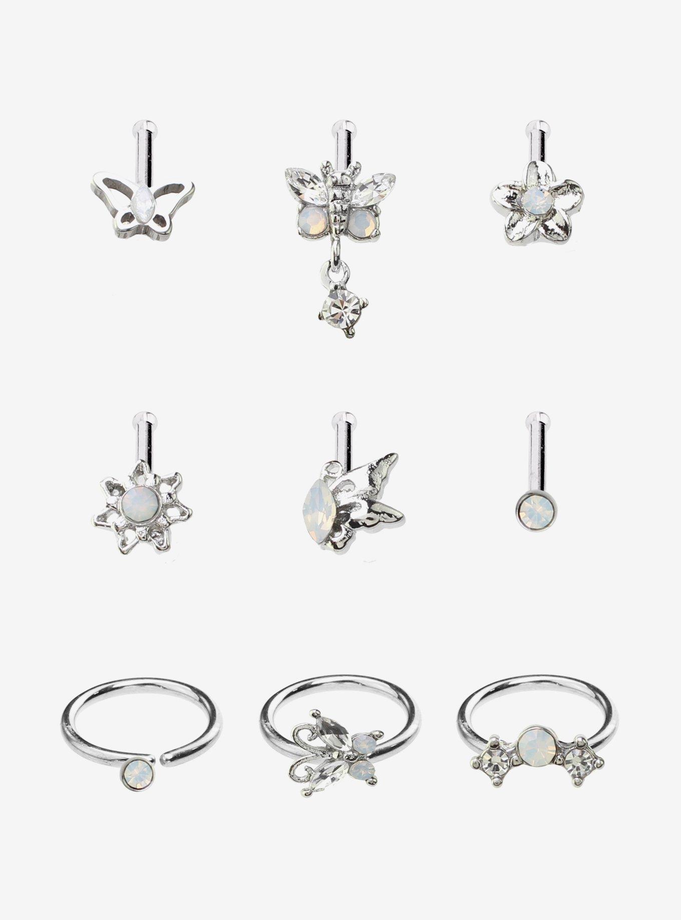 Steel Butterfly Flower Opal Nose Stud & Hoop 9 Pack, , hi-res