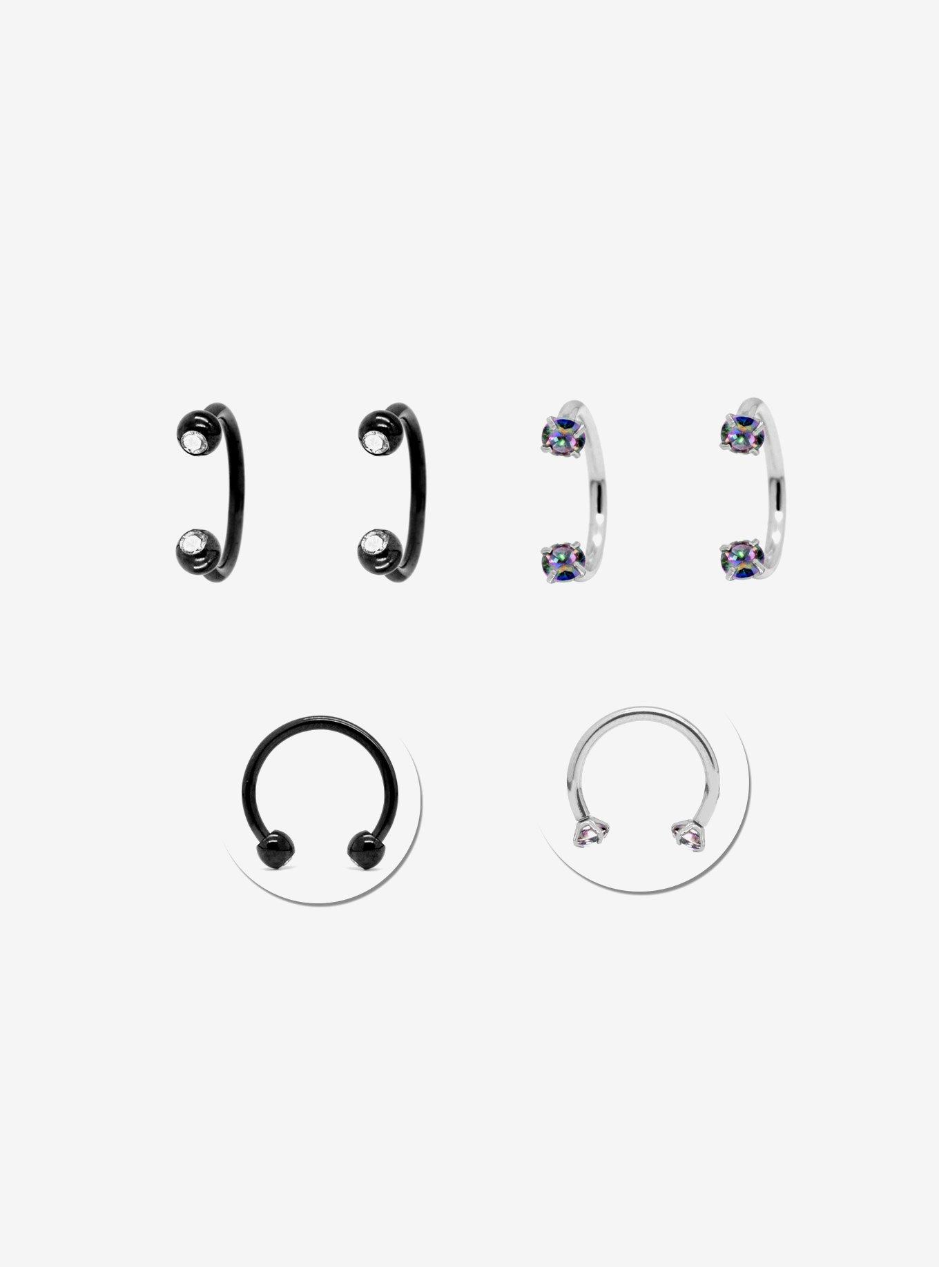 Steel Silver & Black Clear & Iridescent Gem Curved Barbell 4 Pack, , hi-res