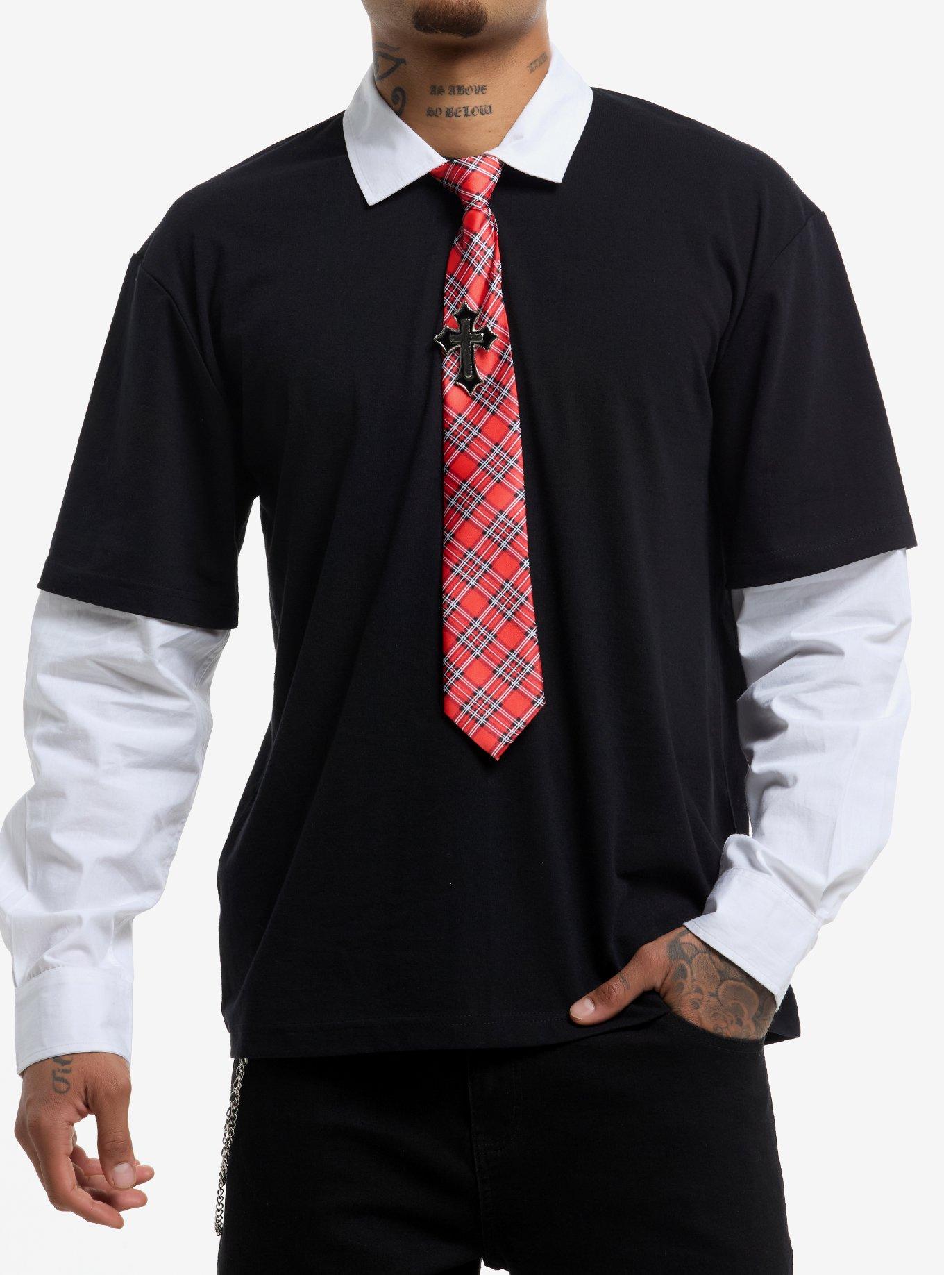 トップス Dormitory motifs Wired collar tie shirt Black & White Collar Twofer Long-Sleeve Top With Tie | Hot Topic