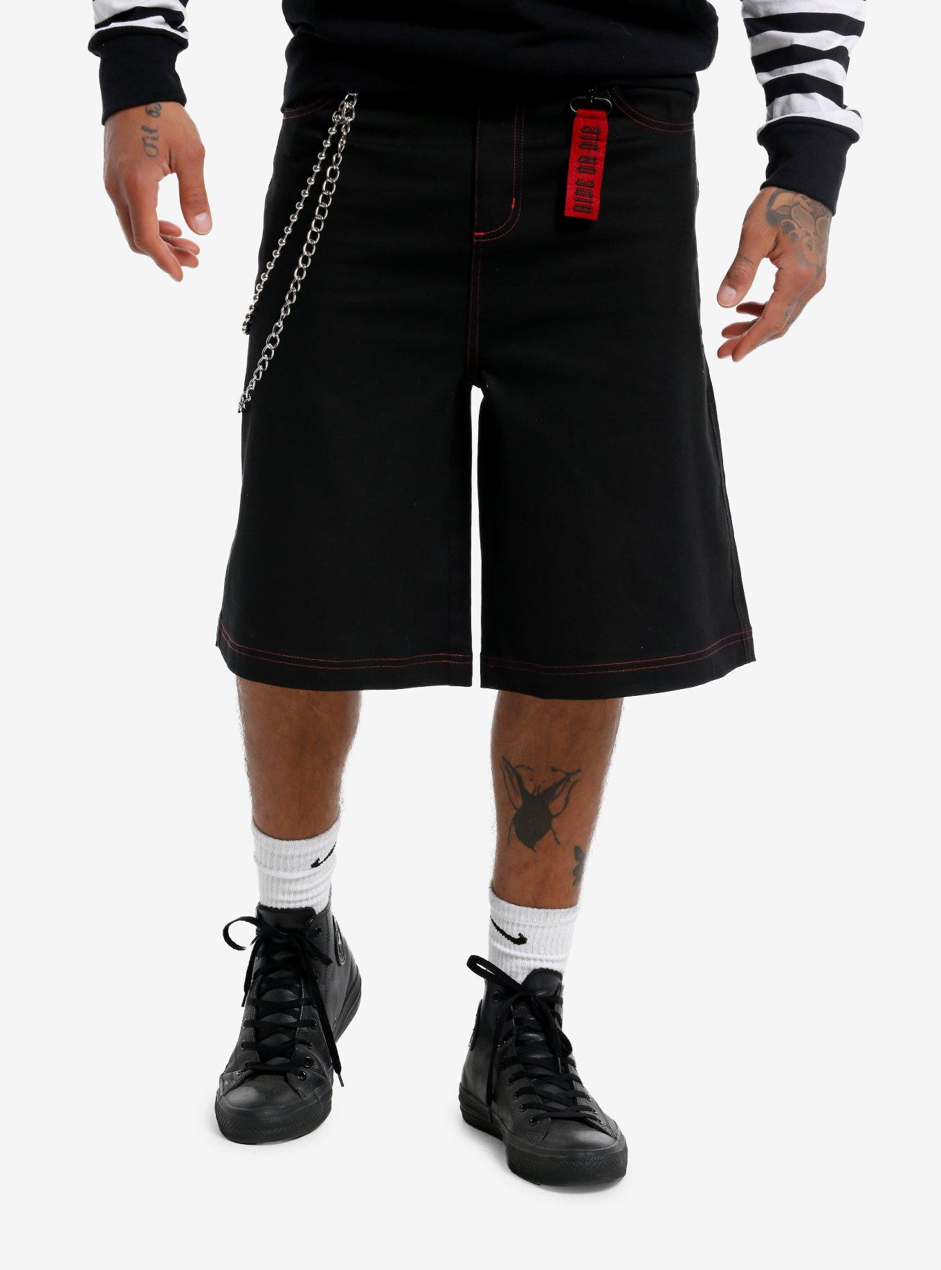 Black & Red Contrast Stitch Denim Shorts With Chains 