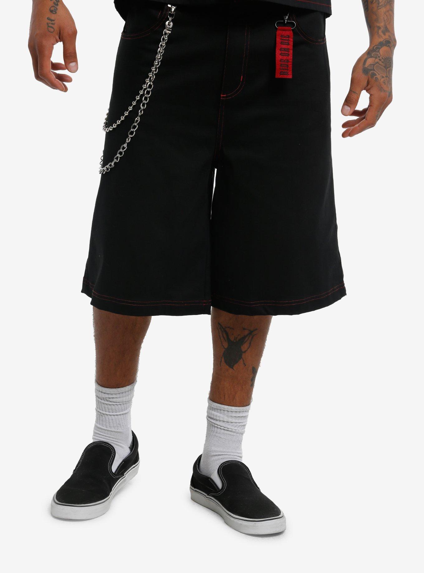 Black & Red Contrast Stitch Denim Shorts With Chains