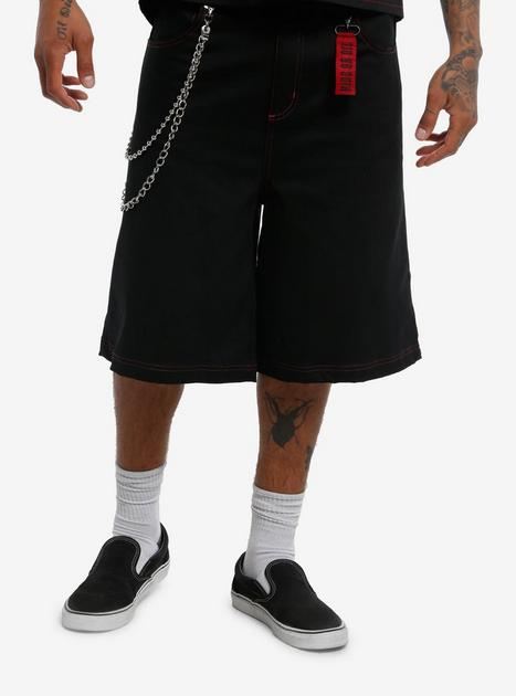 Black & Red Contrast Stitch Denim Shorts With Chains | Hot Topic
