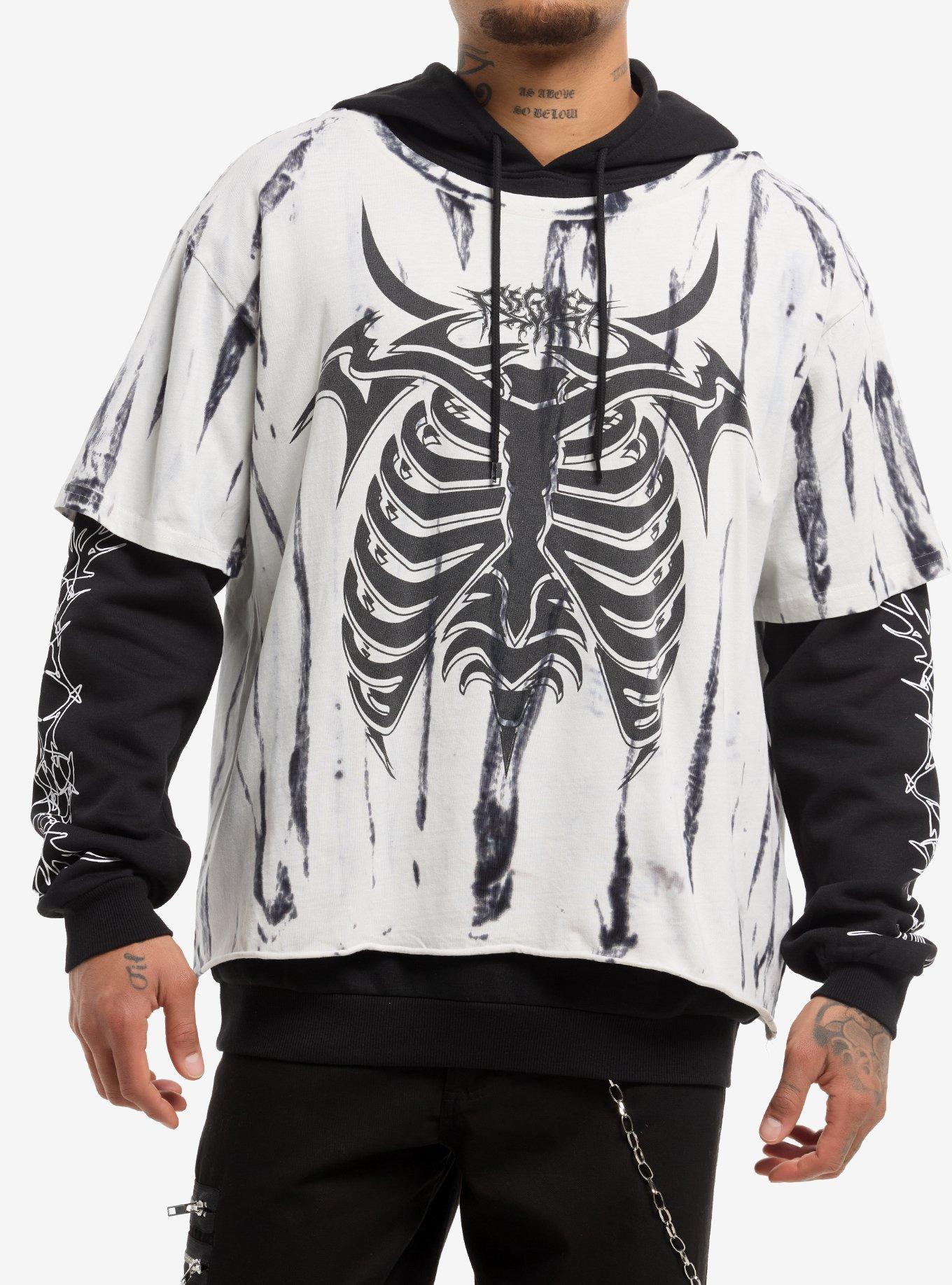 Rib Cage White & Black Wash Oversized Twofer Hoodie, , hi-res