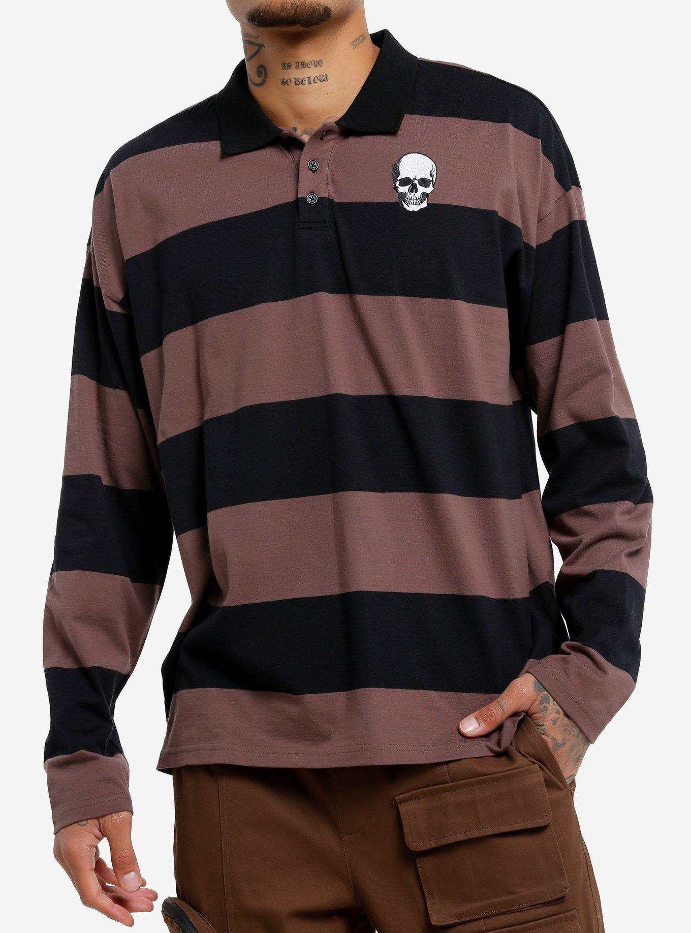 Brown & Black Stripe Skull Long-Sleeve Polo Shirt, , hi-res