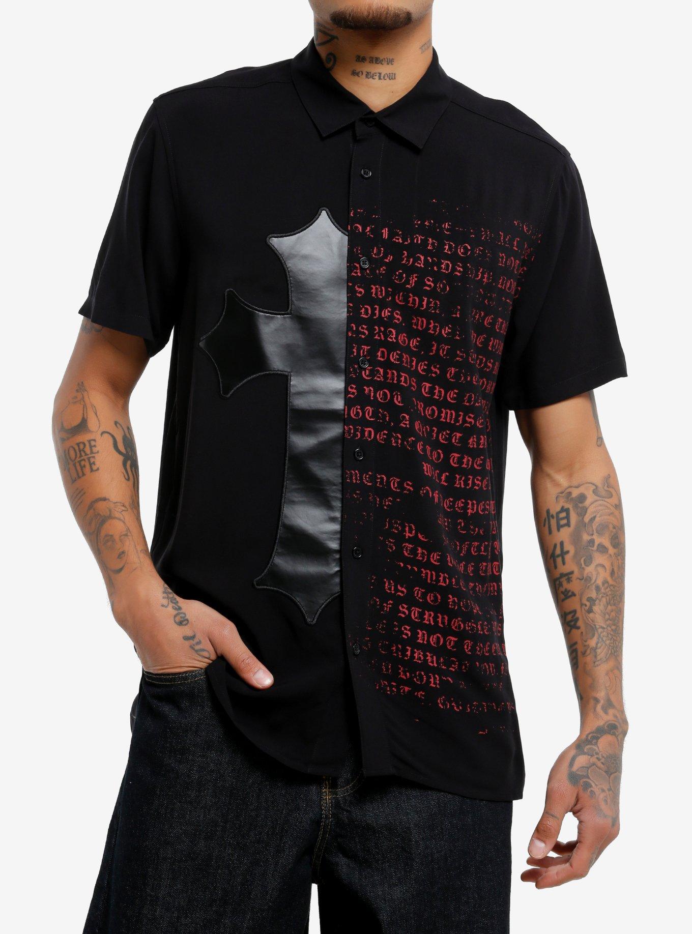 Black Cross & Red Text Split Woven Button-Up, , hi-res
