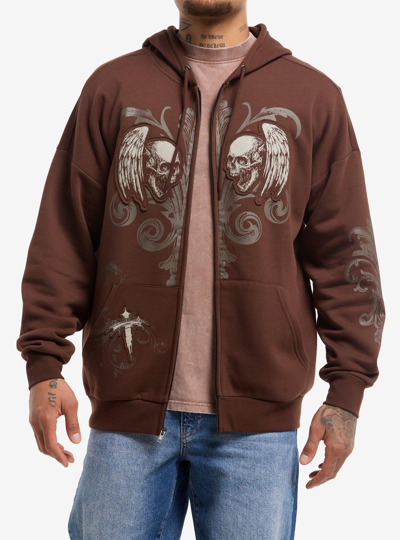 Brown Winged Skull Filigree Hoodie, , hi-res