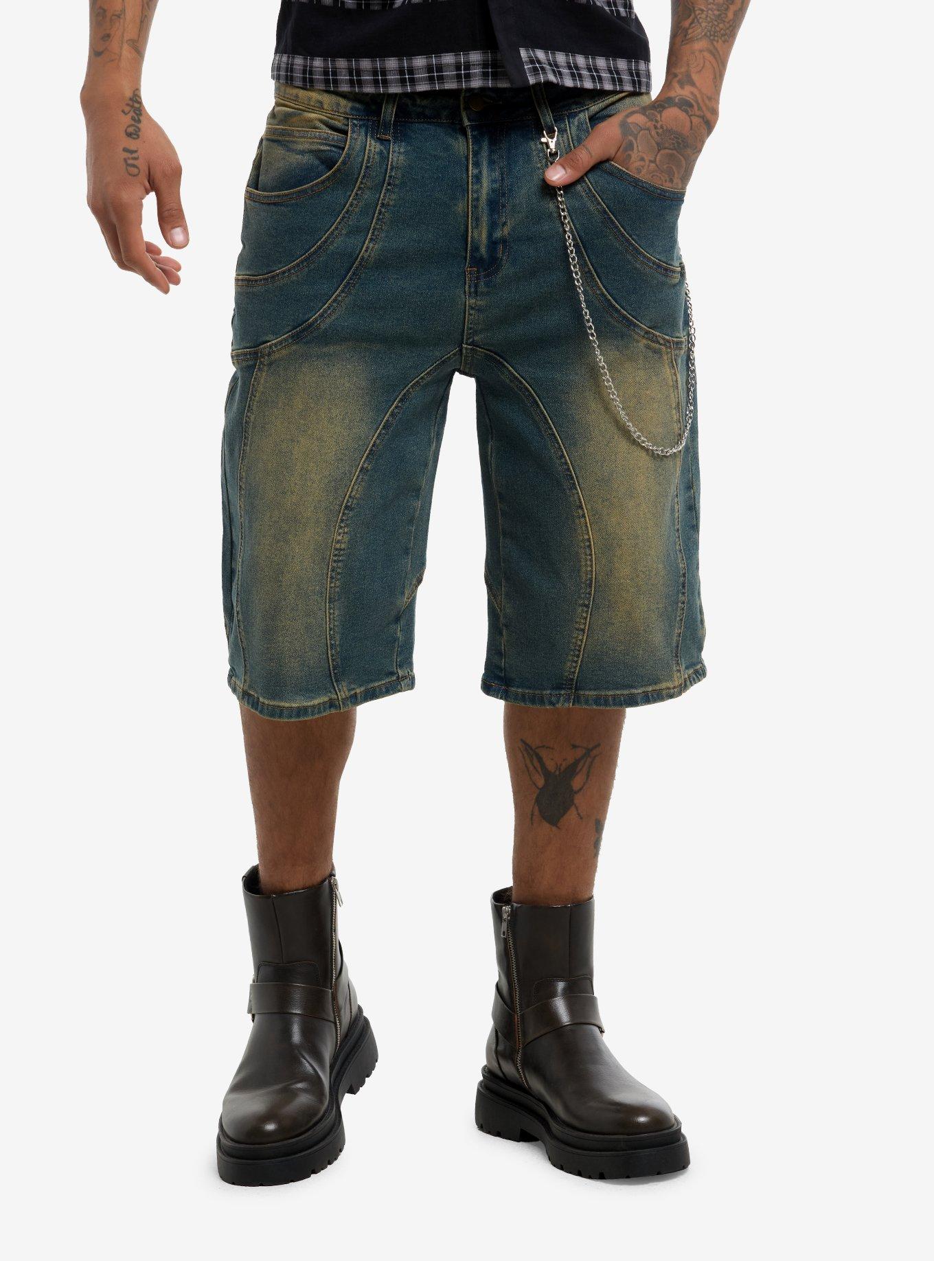 Wavy Stitched Vintage Wash Denim Jorts, , hi-res