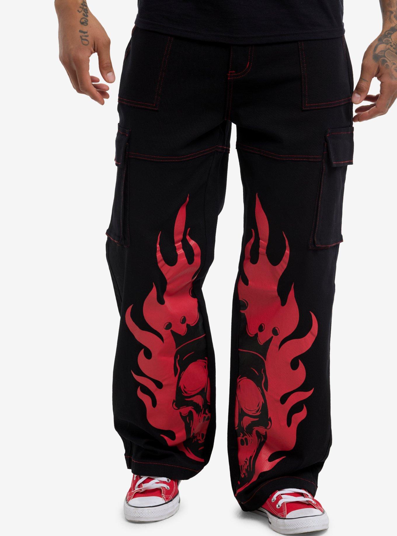 Black & Red Flame & Skull Straight Leg Cargo Pants, , hi-res